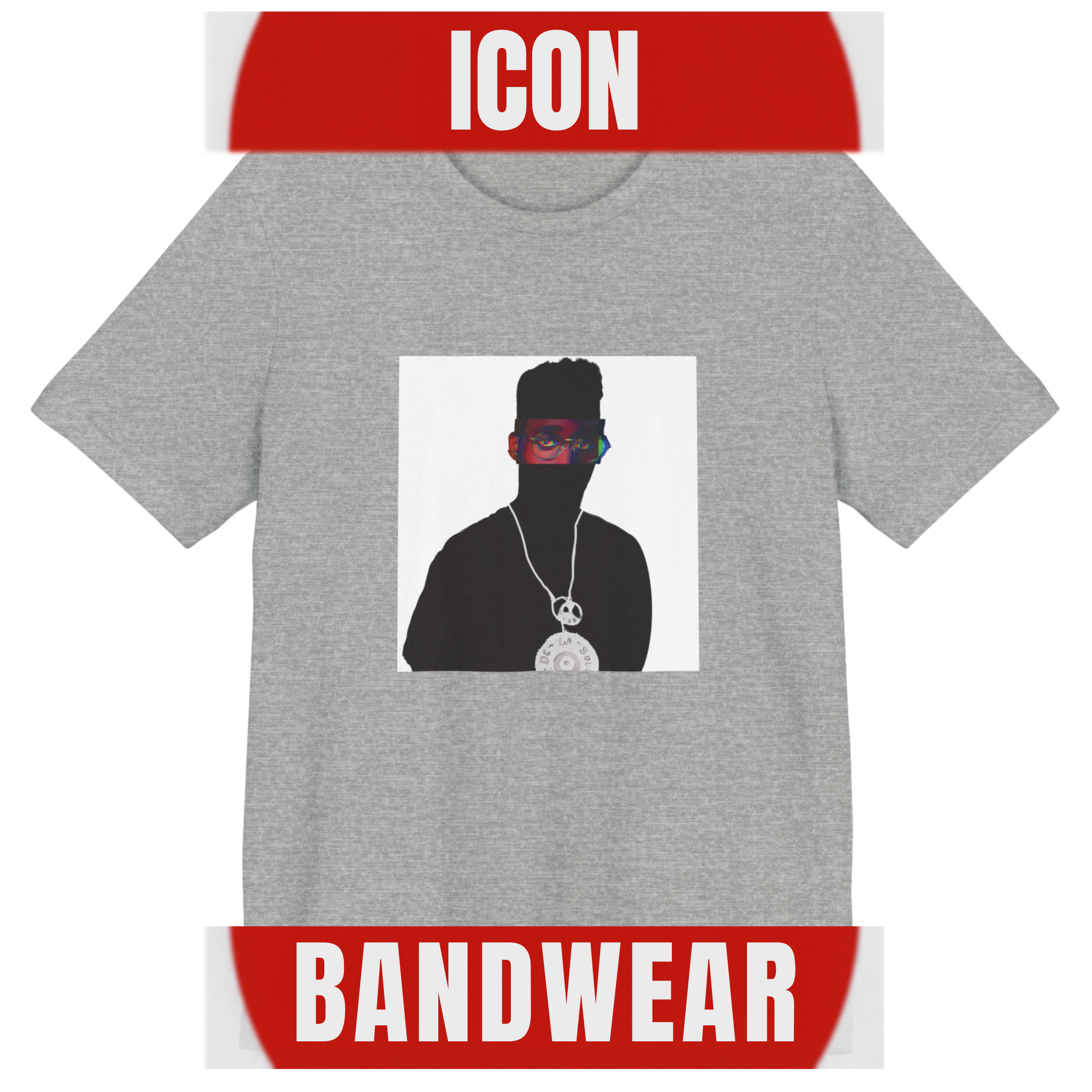 Alternative Hip-Hop music icon graphic t-shirt in gray featuring illustrated silhouette portrait design with high-top fade, round glasses, peace medallion and chain - late 80s/90s design - IconBandwear music icons collection
