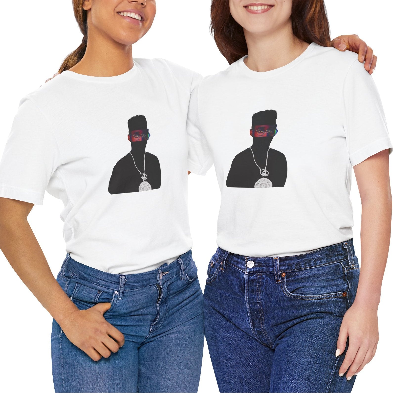Alternative Hip-Hop music icon graphic t-shirt in gray featuring illustrated silhouette portrait design with high-top fade, round glasses, peace medallion and chain - worn by models in studio setting - IconBandwear music icons collection