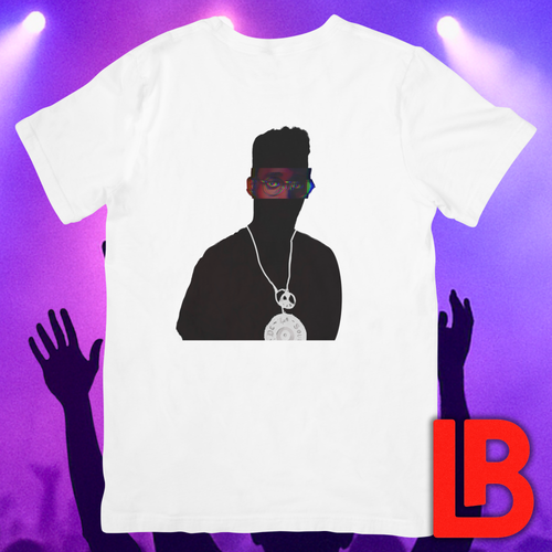 Alternative Hip-Hop music icon graphic t-shirt featuring illustrated silhouette portrait design with high-top fade, round glasses, peace medallion and chain - background concert setting - late 80s/90s design - IconBandwear music icons collection