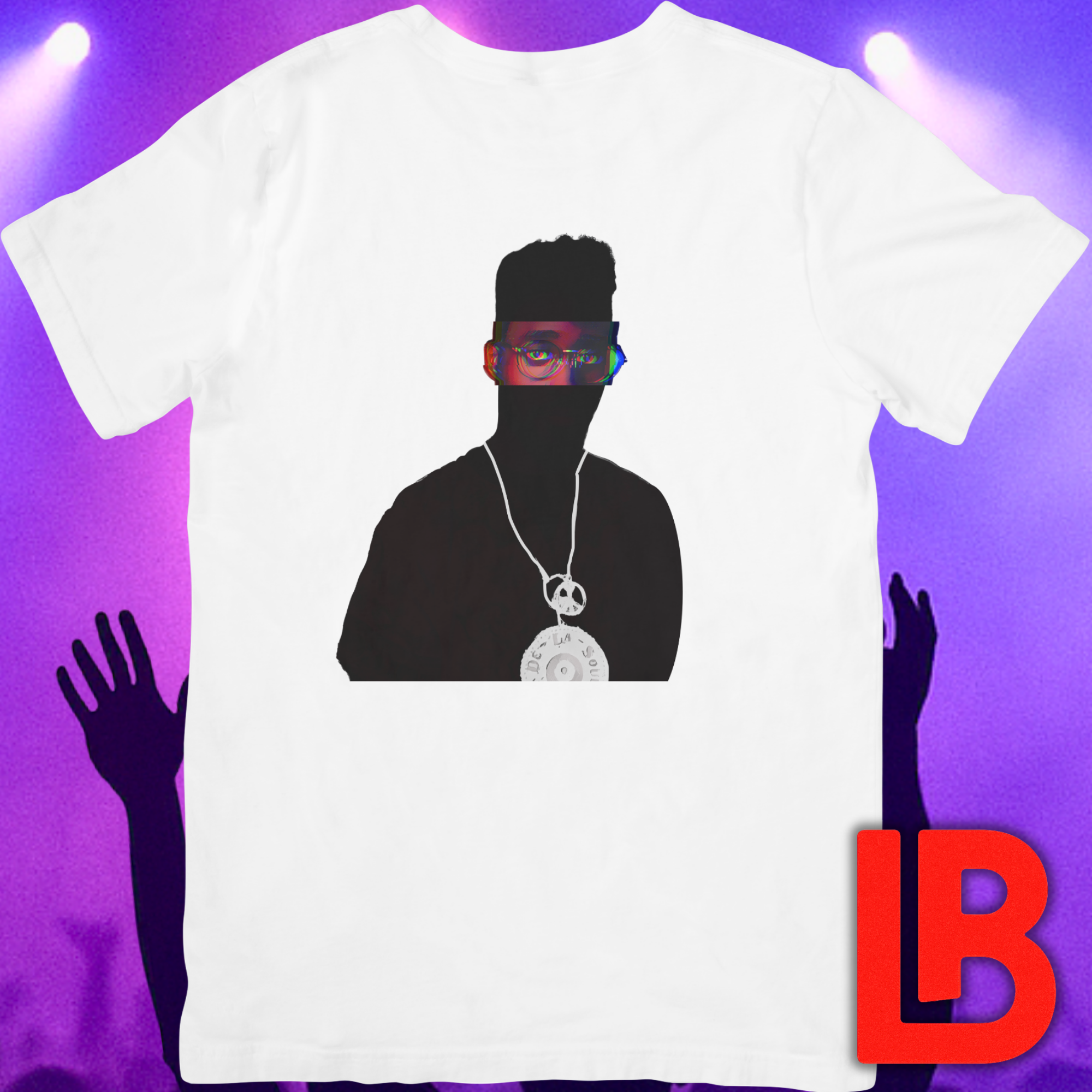 Alternative Hip-Hop music icon graphic t-shirt featuring illustrated silhouette portrait design with high-top fade, round glasses, peace medallion and chain - background concert setting - late 80s/90s design - IconBandwear music icons collection