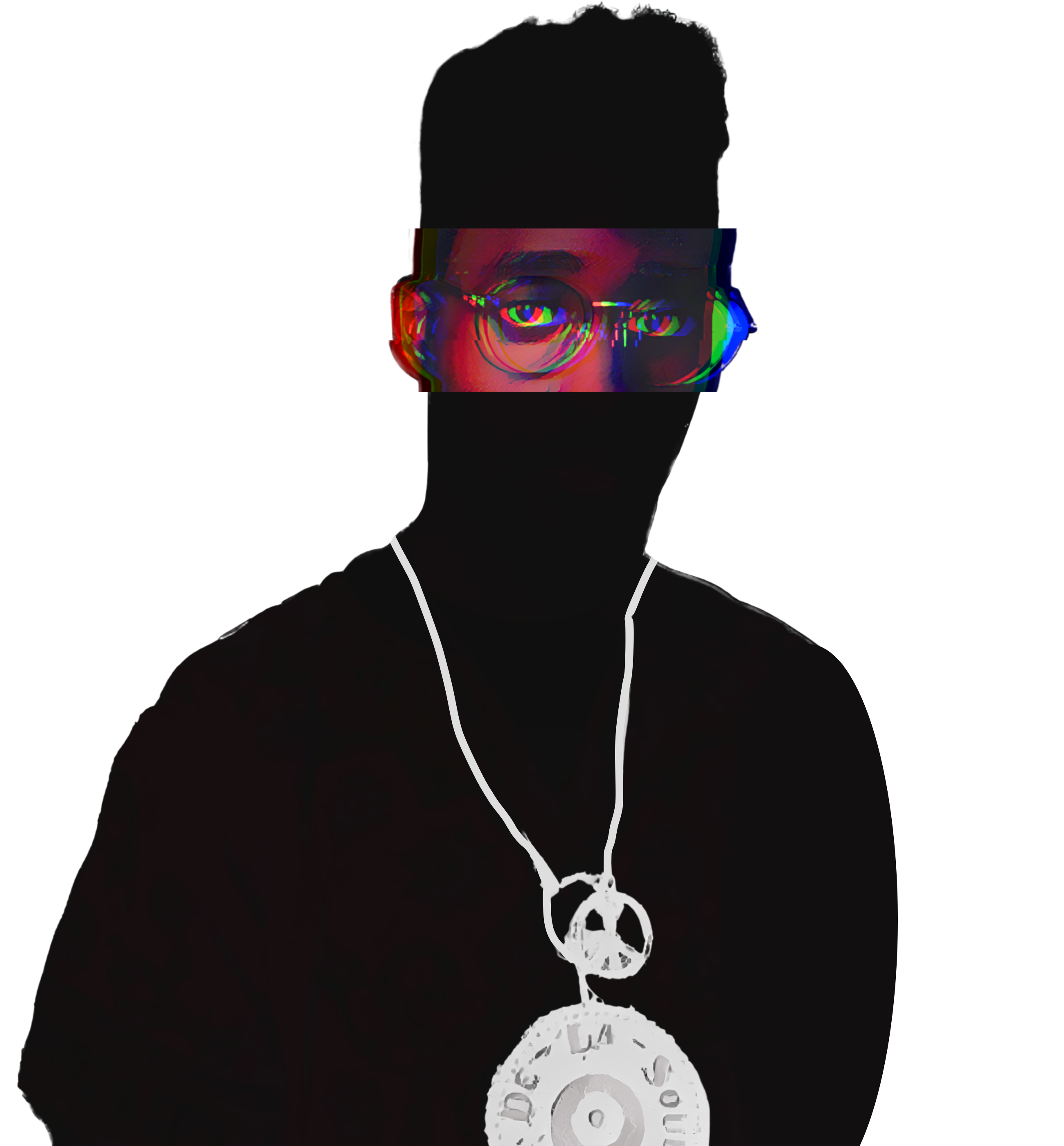 Alternative Hip-Hop music icon graphic portrait silhouette illustration with high-top fade, round glasses, peace medallion and chain - IconBandwear graphic t-shirt design - music icons collection