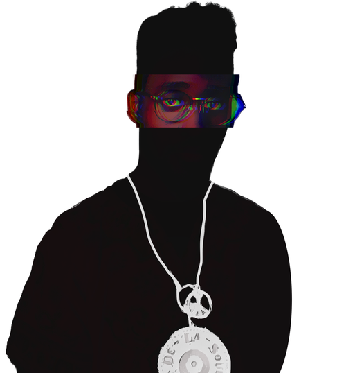 Alternative Hip-Hop music icon graphic portrait silhouette illustration with high-top fade, round glasses, peace medallion and chain - IconBandwear graphic t-shirt design - music icons collection