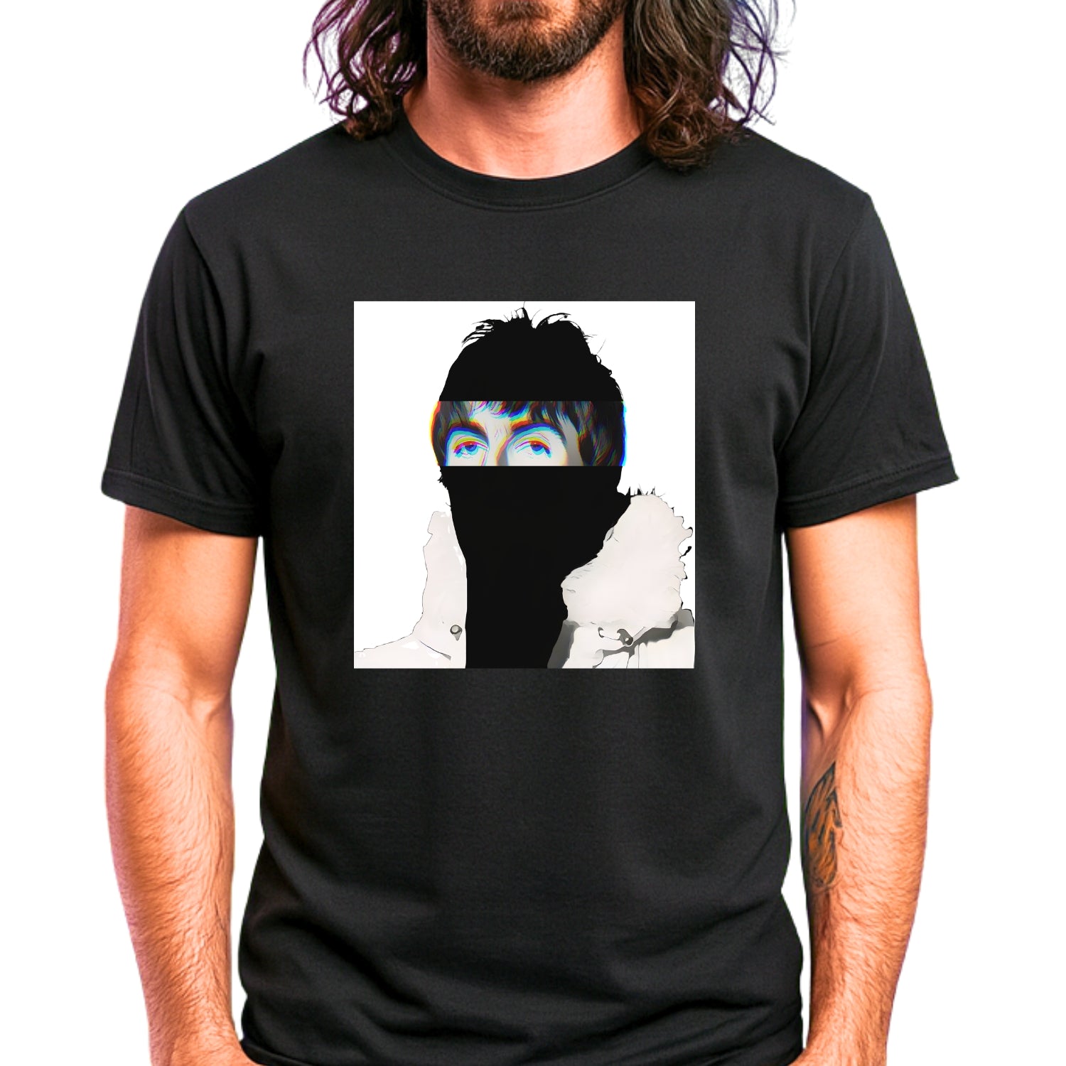 Britpop music icon graphic t-shirt in black featuring illustrated silhouette portrait with tousled dark hair, chromatic glitch effect and white fur-collared parka - worn by model in concert setting - 90s design - IconBandwear music icons collection