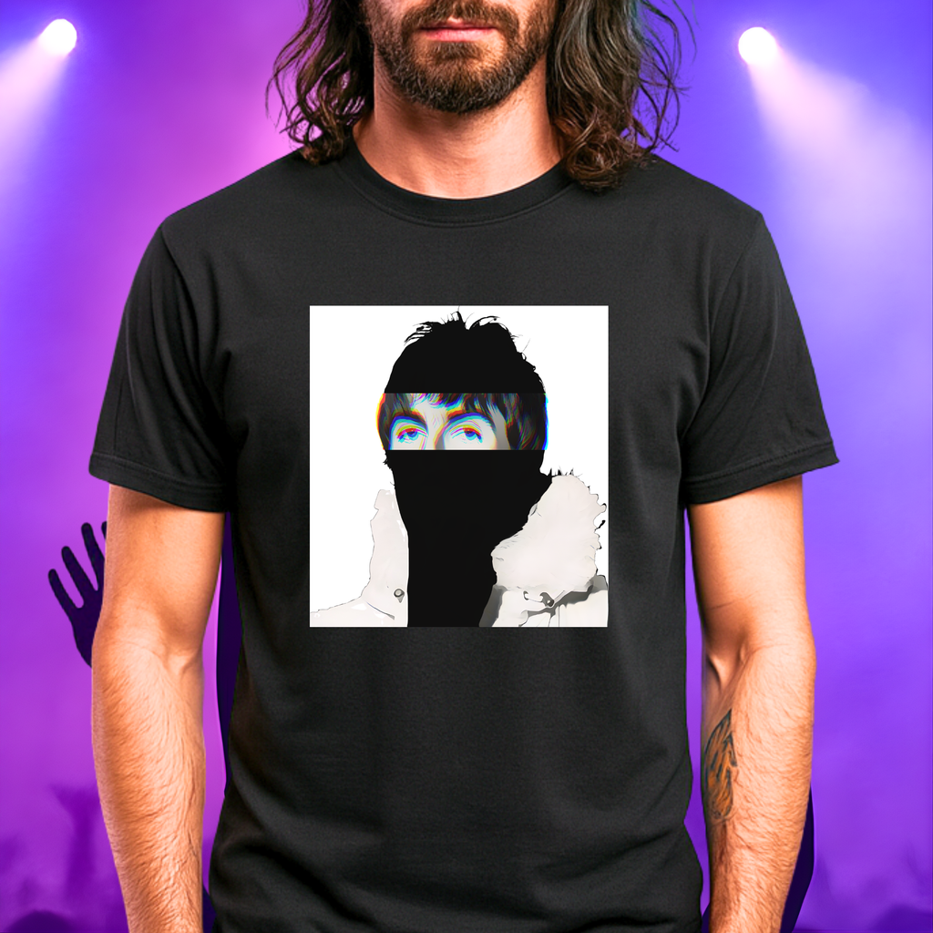 Britpop music icon graphic t-shirt in black featuring illustrated silhouette portrait with tousled dark hair, chromatic glitch effect and white fur-collared parka - worn by model in concert setting - 90s design - IconBandwear music icons collection