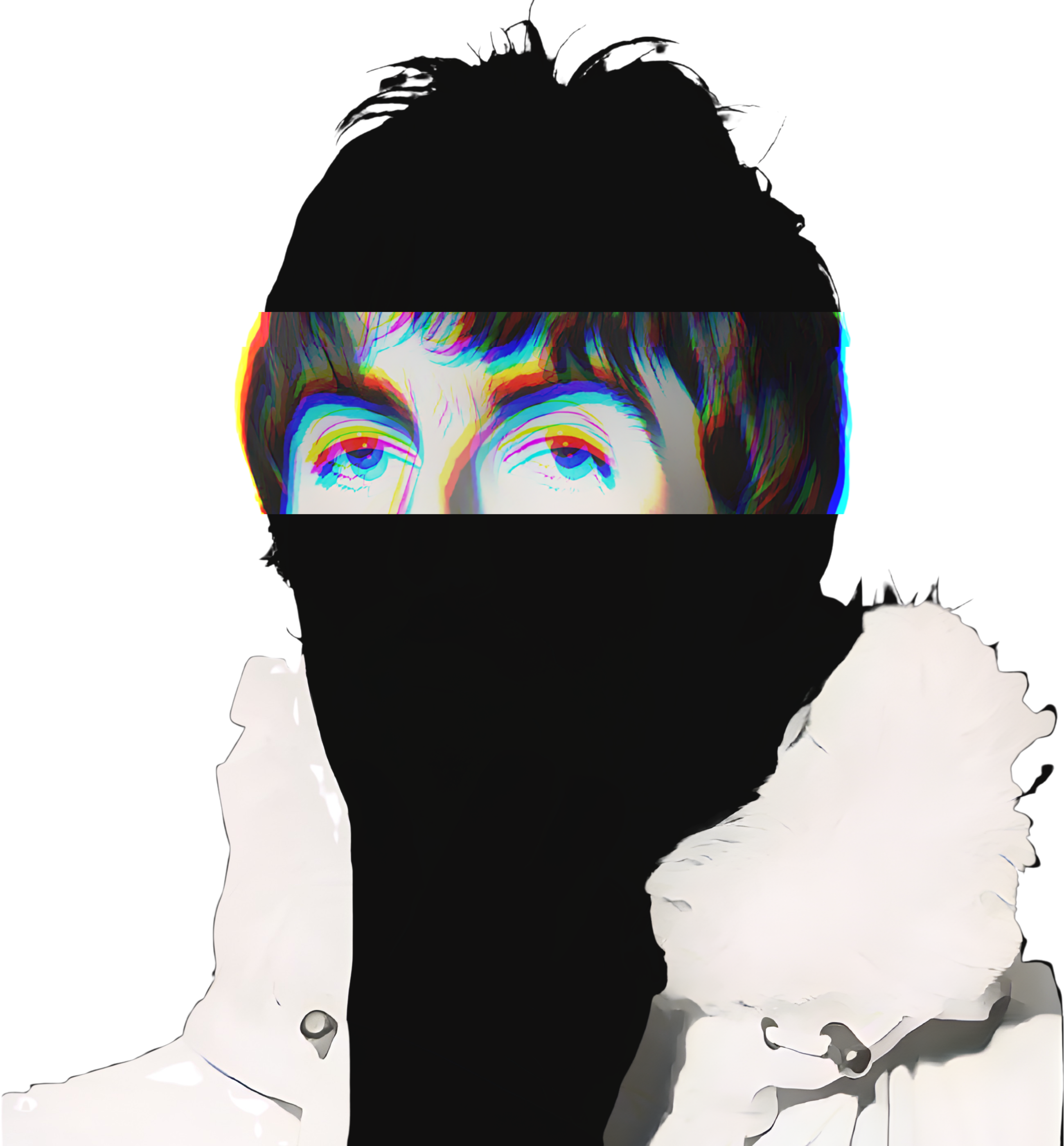 Britpop music icon graphic portrait silhouette illustration featuring tousled dark hair, chromatic glitch effect and white fur-collared parka - IconBandwear graphic t-shirt design - music icons collection