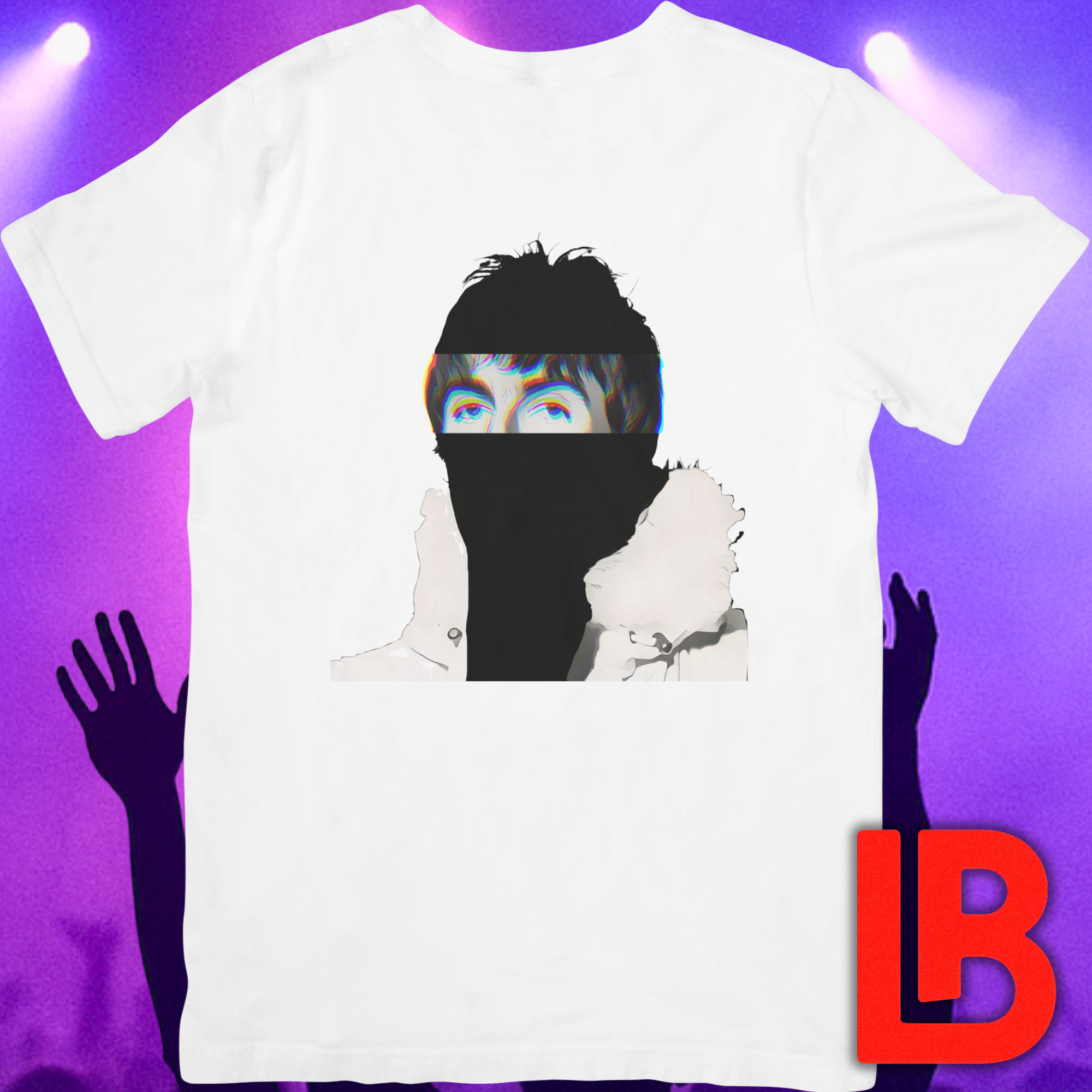 Britpop music icon graphic t-shirt featuring illustrated silhouette portrait with tousled dark hair, chromatic glitch effect and white fur-collared parka - background concert setting - 90s design - IconBandwear music icons collection