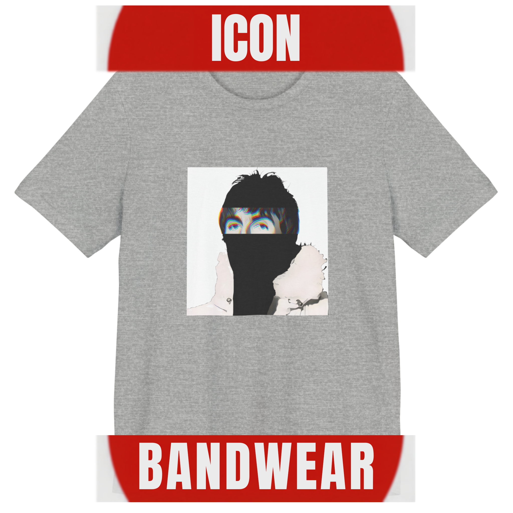 Britpop music icon graphic t-shirt in grey featuring illustrated silhouette portrait with tousled dark hair, chromatic glitch effect and white fur-collared parka - 90s design - IconBandwear music icons collection