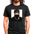 Canadian rapper music icon graphic t-shirt in black featuring illustrated silhouette portrait design with cap, chain necklace, and earring - worn by model in concert setting - modern design - IconBandwear music icons collection
