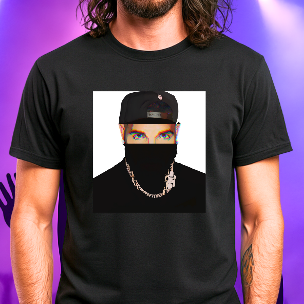 Canadian rapper music icon graphic t-shirt in black featuring illustrated silhouette portrait design with cap, chain necklace, and earring - worn by model in concert setting - modern design - IconBandwear music icons collection