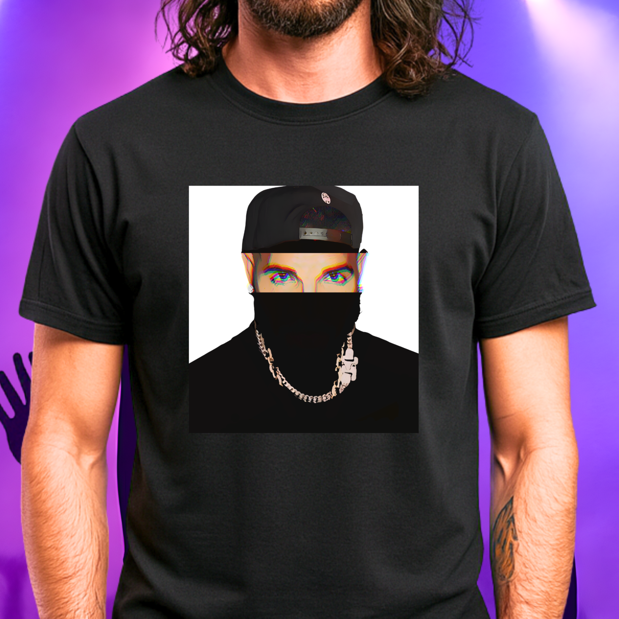 Canadian rapper music icon graphic t-shirt in black featuring illustrated silhouette portrait design with cap, chain necklace, and earring - worn by model in concert setting - modern design - IconBandwear music icons collection
