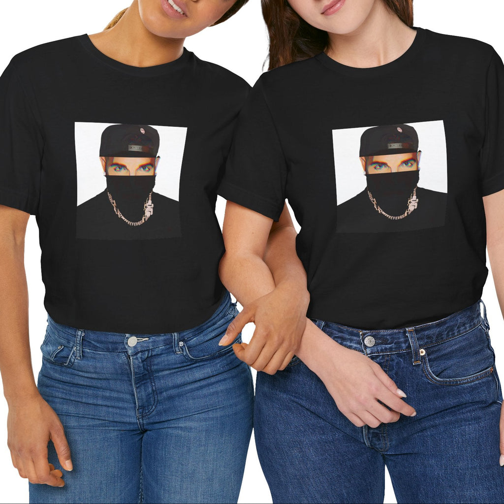 Canadian rapper music icon graphic t-shirt in black featuring illustrated silhouette portrait design with cap, chain necklace, and earring - worn by models in studio setting - modern design - IconBandwear music icons collection
