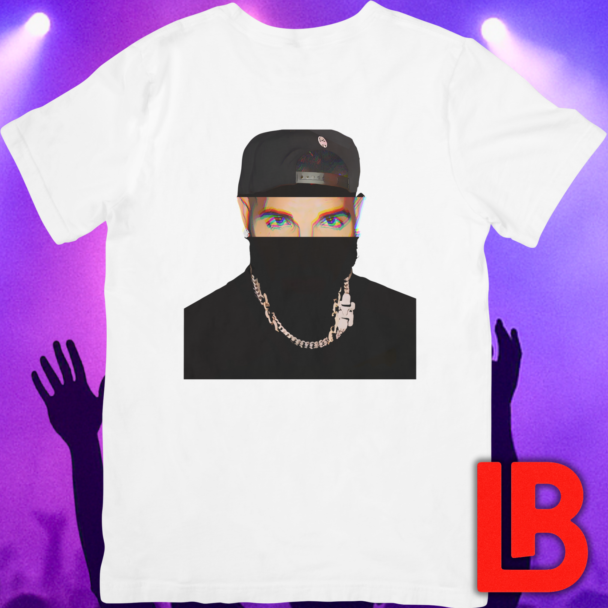 Canadian rapper music icon graphic t-shirt featuring illustrated silhouette portrait design with cap, chain necklace, and earring - background concert setting - modern design - IconBandwear music icons collection