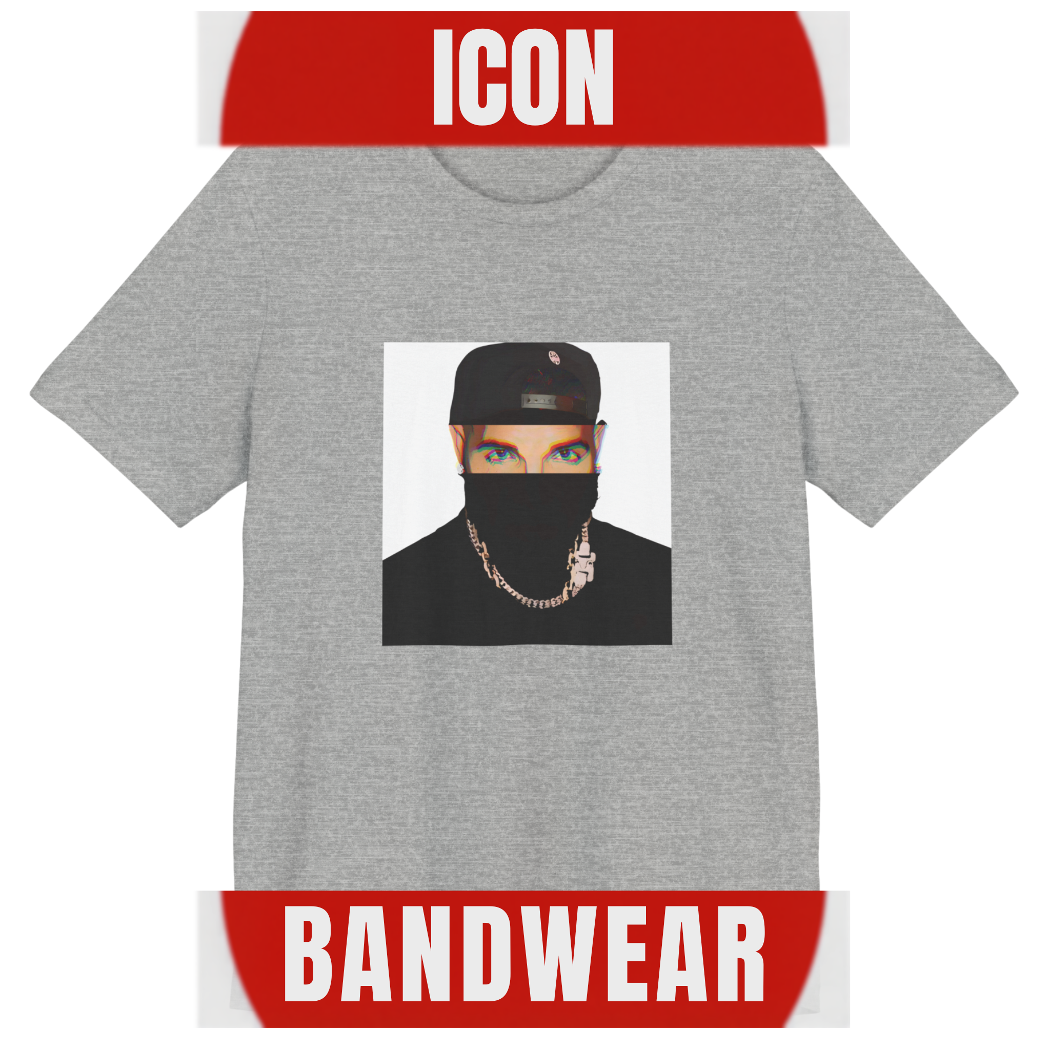 Canadian rapper music icon t-shirt in grey featuring illustration silhouette portrait design with cap, chain necklace, and earring - modern design - IconBandwear music icons collection