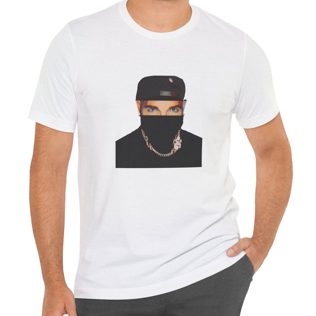 Canadian rapper music icon graphic t-shirt in white featuring illustrated silhouette portrait design with cap, chain necklace, and earring - worn by model in studio setting - modern design - IconBandwear music icons collection