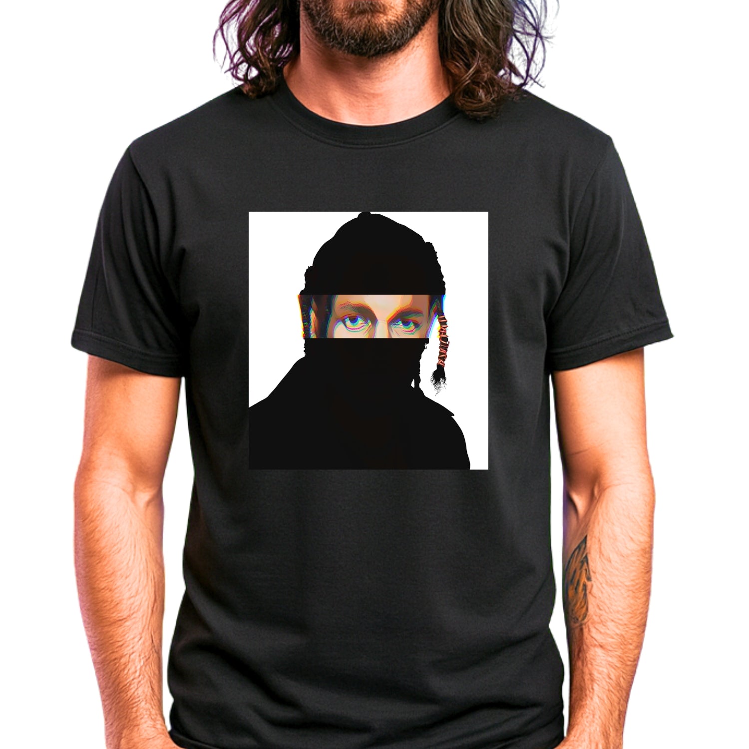 Compton rap music icon graphic t-shirt in black featuring illustrated silhouette portrait with braided hair and hair tie - worn by model in concert setting - modern design - IconBandwear music icons collection