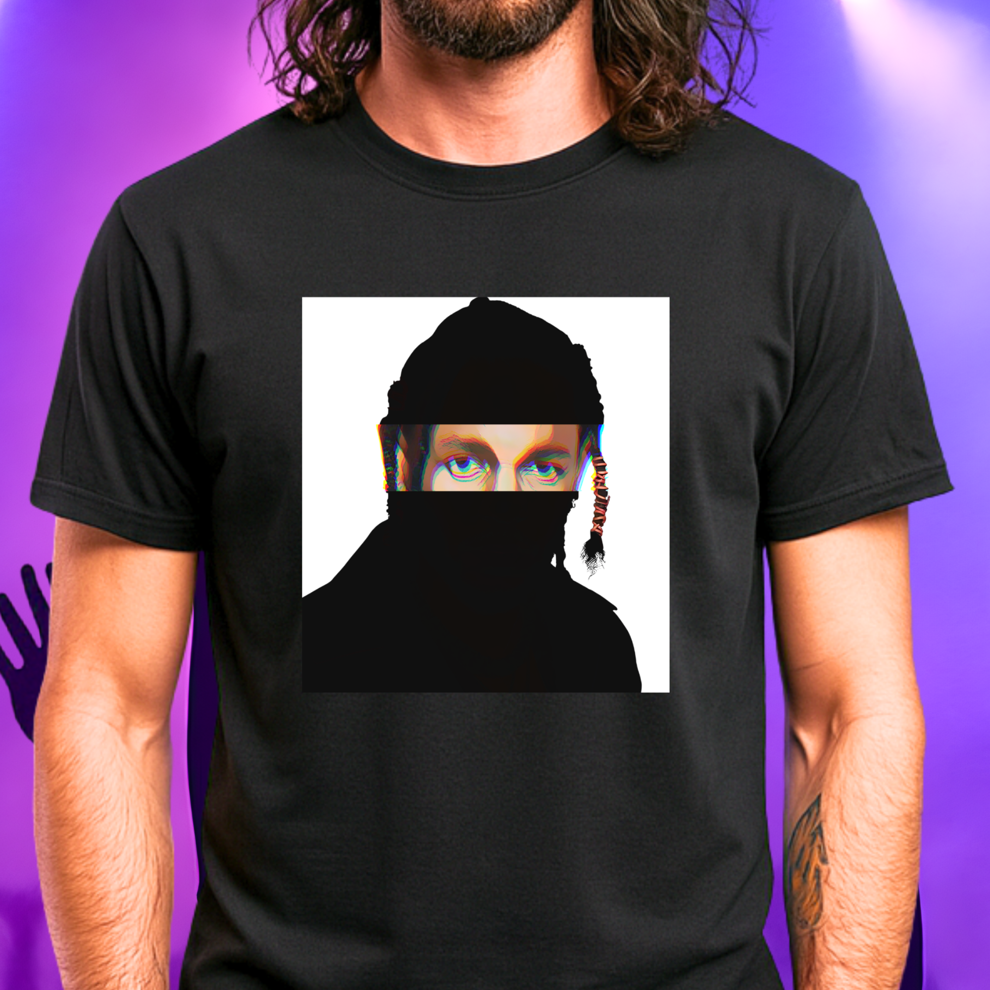 Compton rap music icon graphic t-shirt in black featuring illustrated silhouette portrait with braided hair and hair tie - worn by model in concert setting - modern design - IconBandwear music icons collection