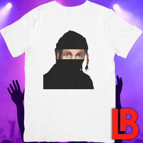 Compton rap music icon graphic t-shirt featuring illustrated silhouette portrait with braided hair and hair tie - background concert setting - modern design - IconBandwear music icons collection