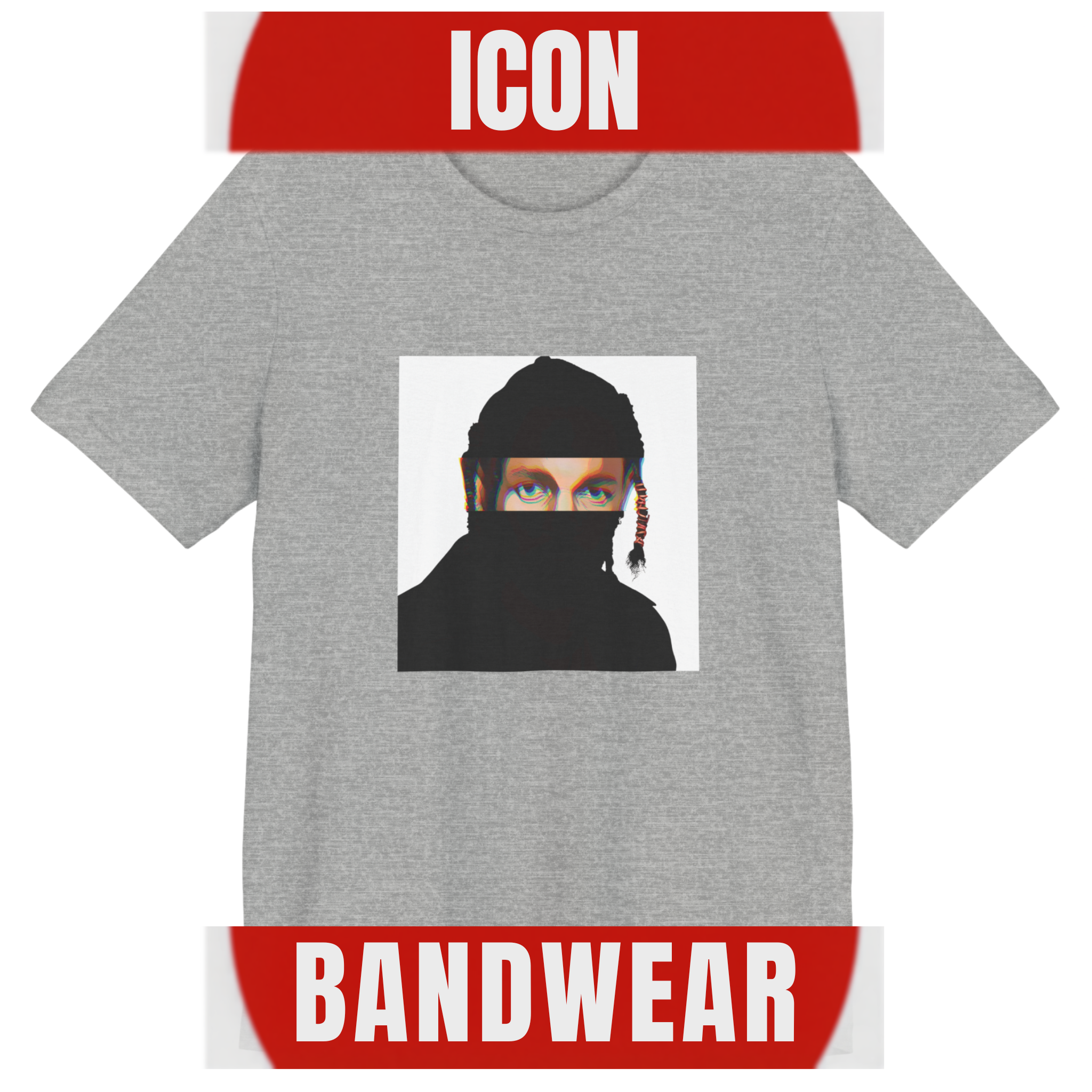 Compton rap music icon graphic t-shirt in gray featuring illustrated silhouette portrait with braided hair and hair tie - modern design - IconBandwear music icons collection