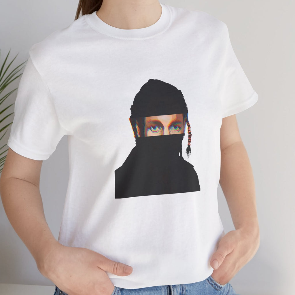 Compton rap music icon graphic t-shirt in white featuring illustrated silhouette portrait with braided hair and hair tie - styled by model in studio setting - modern design - IconBandwear music icons collection
