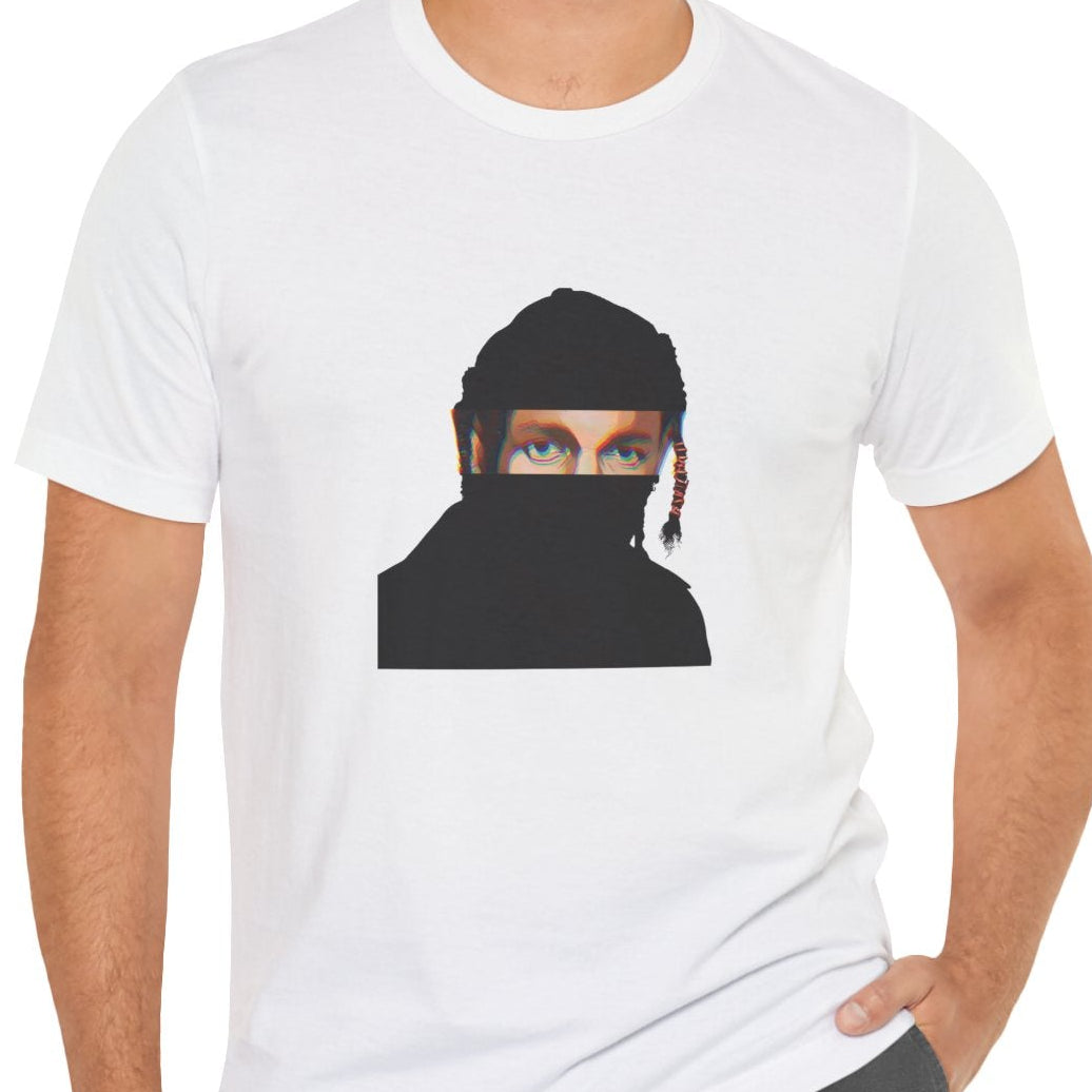 Compton rap music icon graphic t-shirt in white featuring illustrated silhouette portrait with braided hair and hair tie - worn by model in studio setting - modern design - IconBandwear music icons collection
