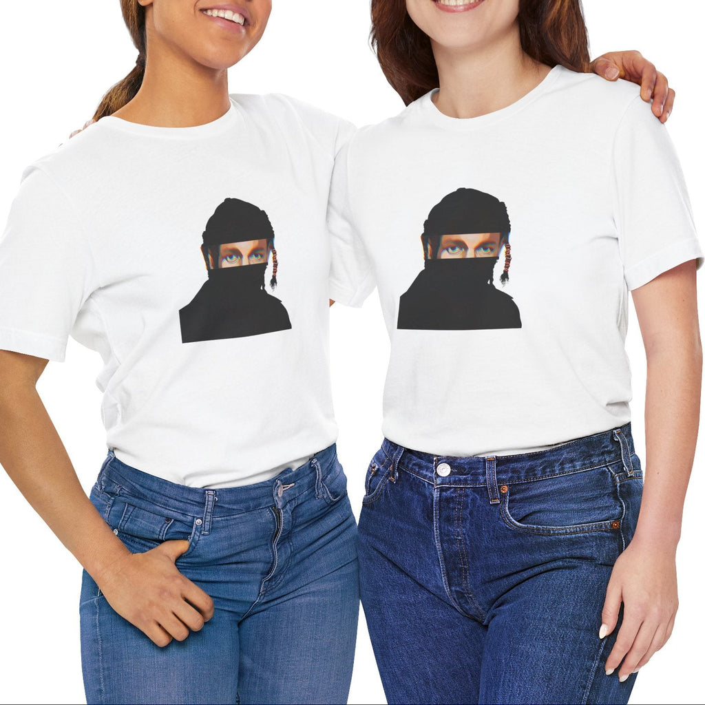Compton rap music icon graphic t-shirt in white featuring illustrated silhouette portrait with braided hair and hair tie - worn by models in studio setting - modern design - IconBandwear music icons collection