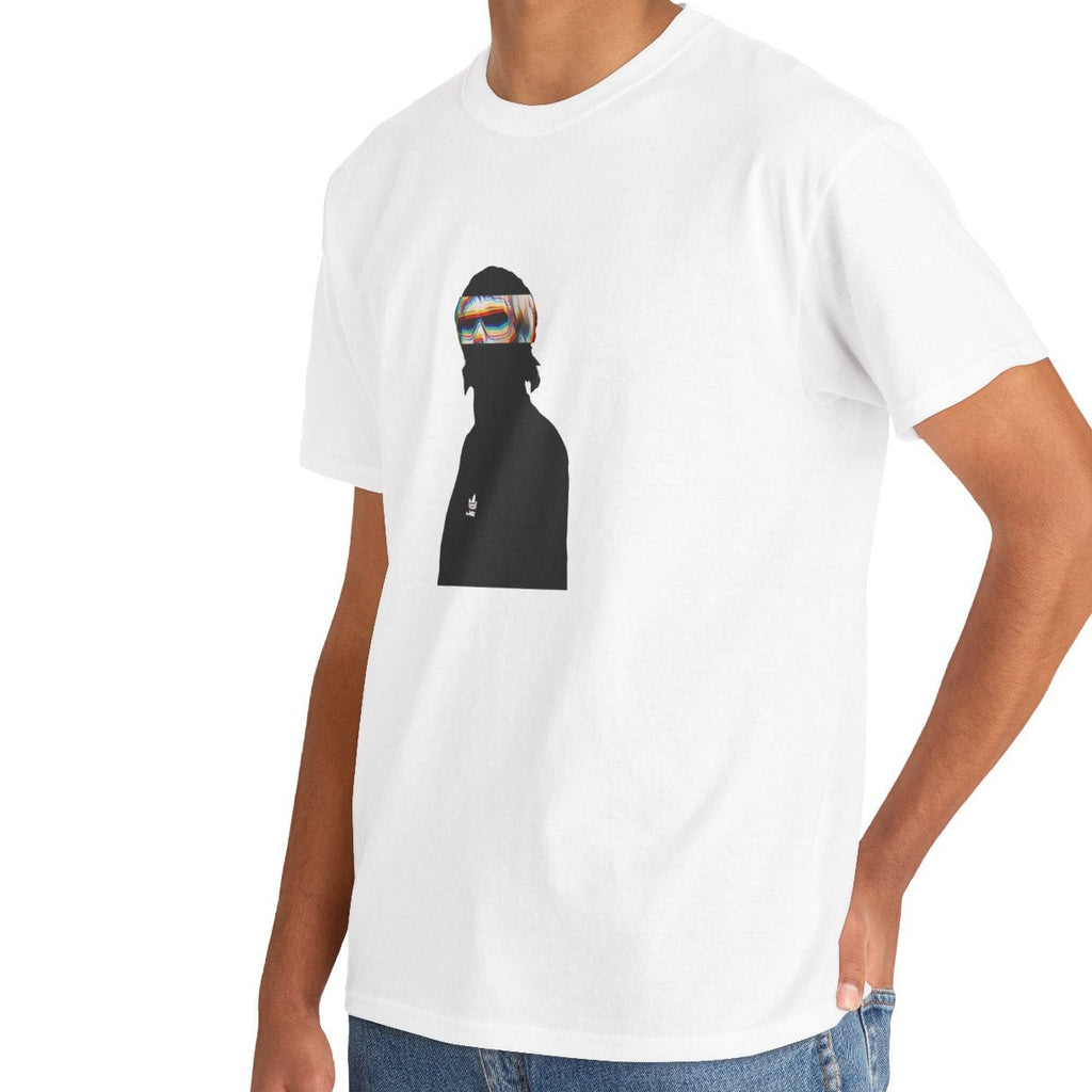 Madchester indie music icon graphic t-shirt in white featuring graphic portrait silhouette illustration with mod haircut, oversized sunglasses and Adidas logo on track jacket - worn by model in studio setting - IconBandwear music icons collection