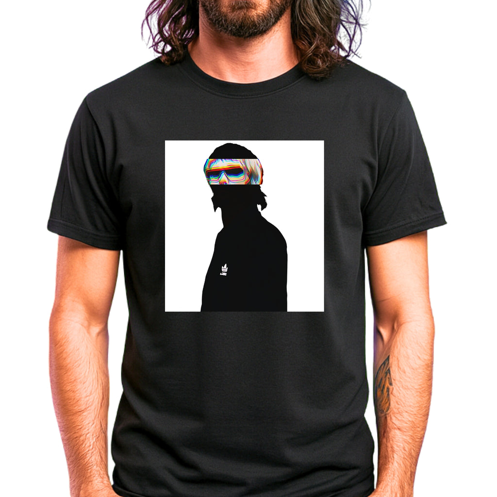 Madchester Indie music icon graphic t-shirt in black featuring graphic portrait silhouette illustration with mod haircut, oversized sunglasses and Adidas logo on track jacket - worn by model in concert setting - IconBandwear music icons collection