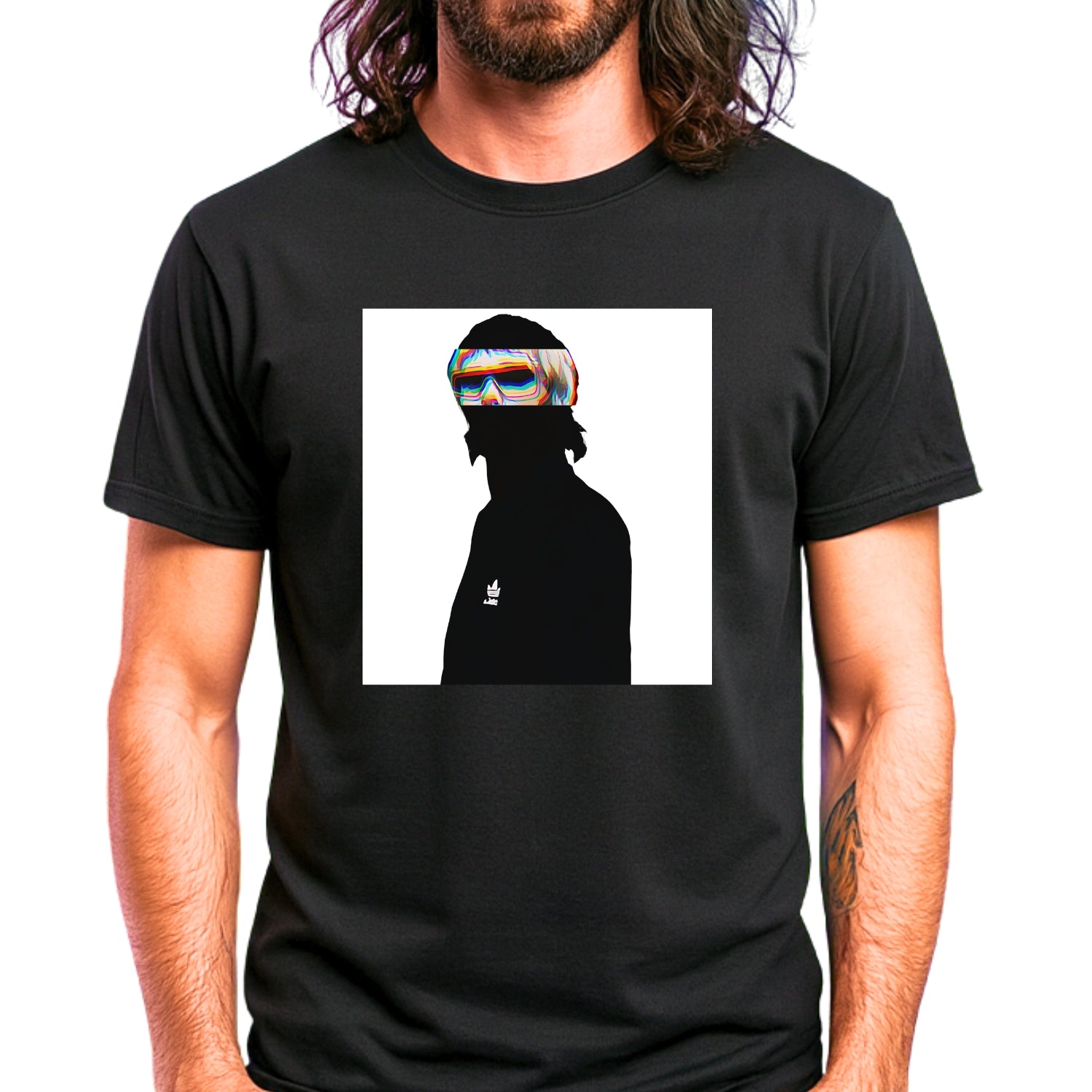 Madchester Indie music icon graphic t-shirt in black featuring graphic portrait silhouette illustration with mod haircut, oversized sunglasses and Adidas logo on track jacket - worn by model in concert setting - IconBandwear music icons collection