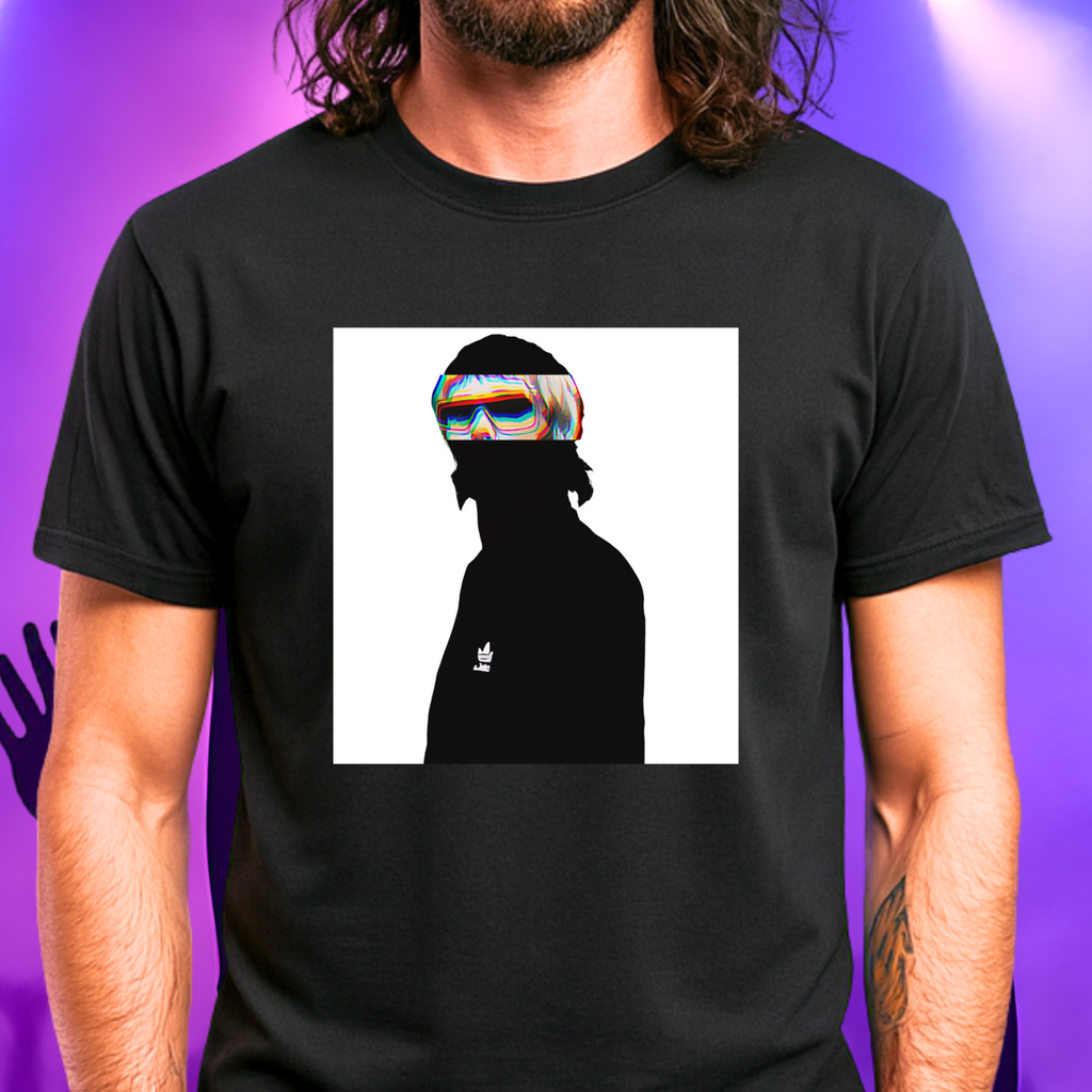 Madchester Indie music icon graphic t-shirt in black featuring graphic portrait silhouette illustration with mod haircut, oversized sunglasses and Adidas logo on track jacket - worn by model in concert setting - IconBandwear music icons collection