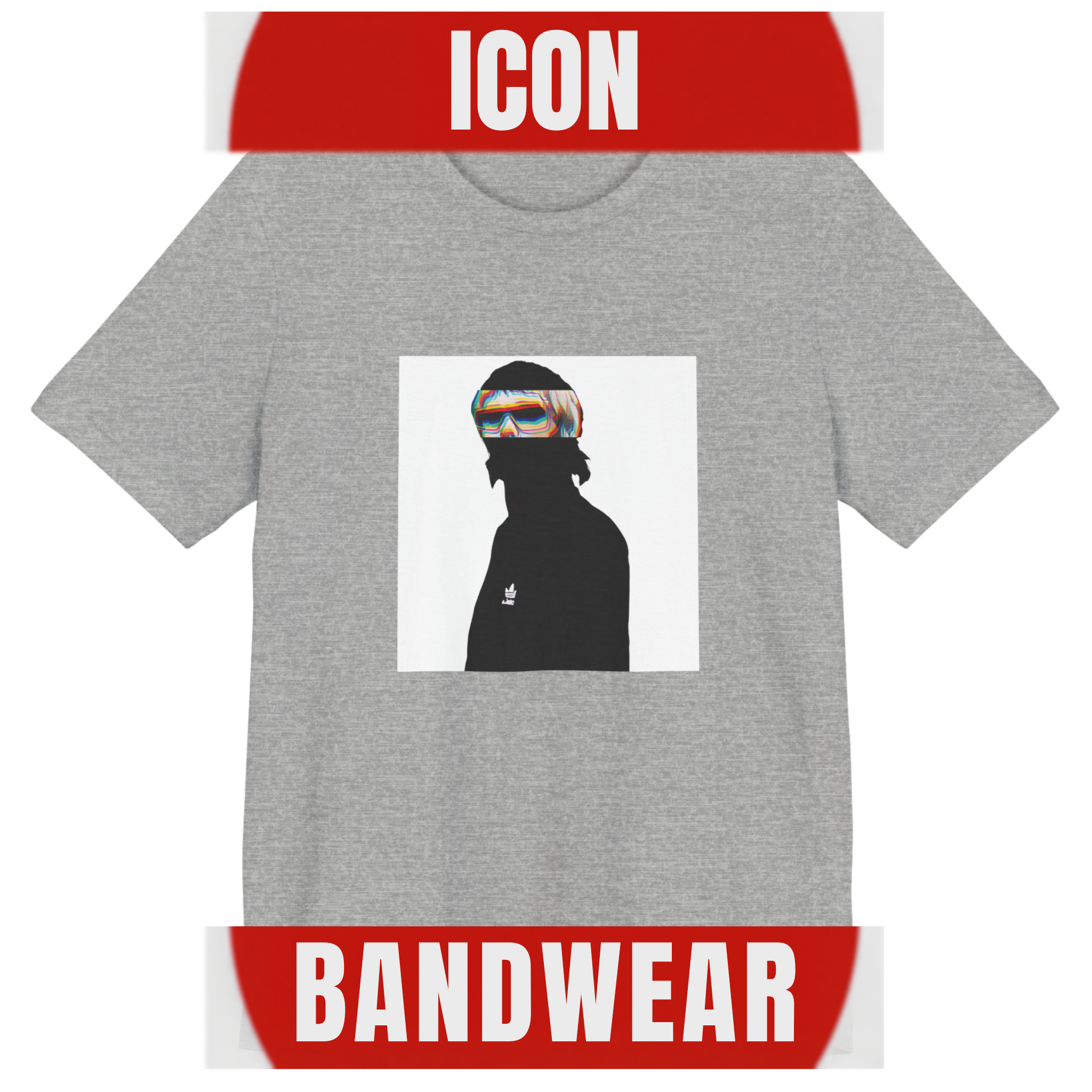 Madchester indie music icon graphic t-shirt in grey featuring graphic portrait silhouette illustration with mod haircut, oversized sunglasses and Adidas logo on track jacket - IconBandwear music icons collection.
