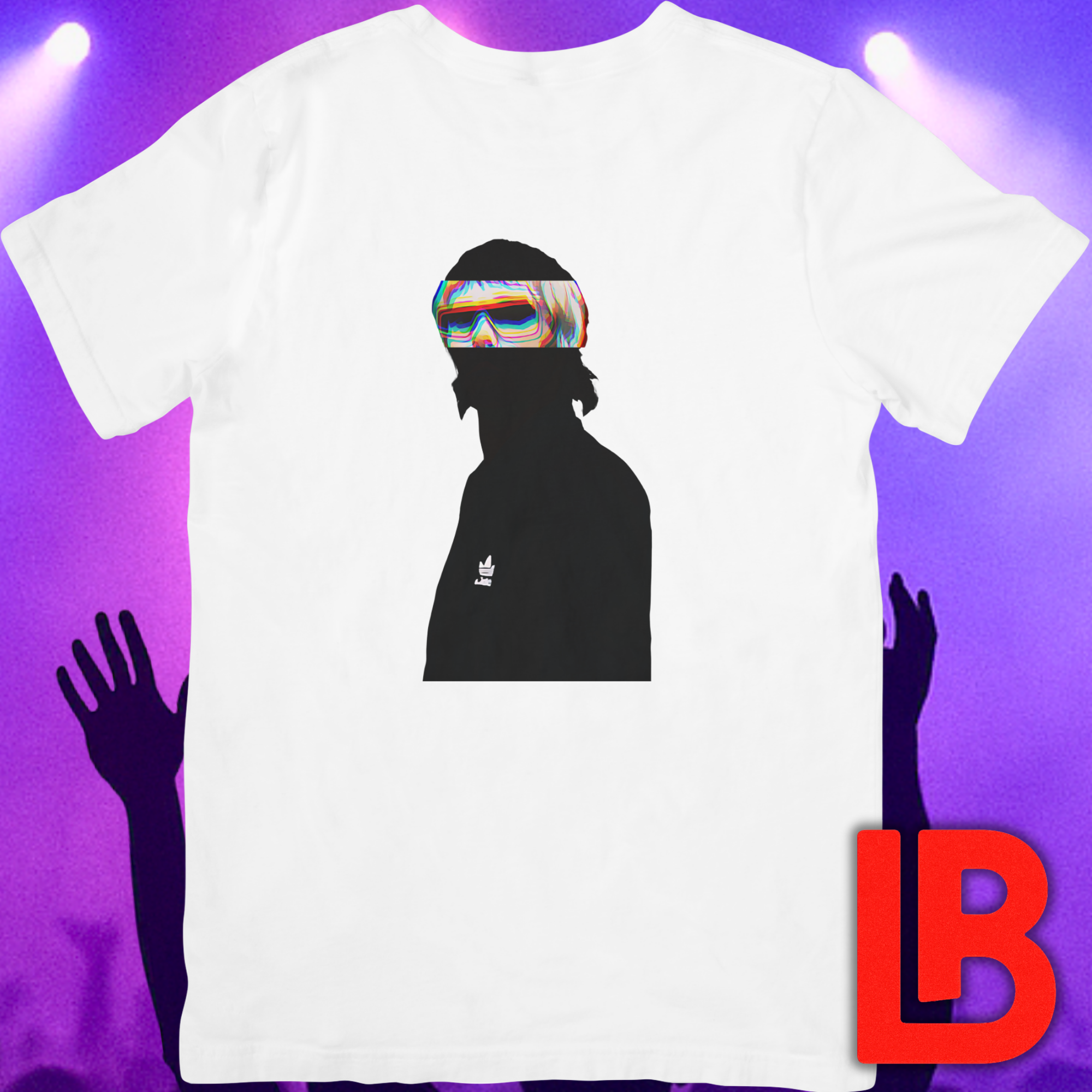 Madchester indie music icon graphic t-shirt featuring illustrated silhouette portrait design with mod haircut, oversized sunglasses and Adidas logo on track jacket - background concert setting - IconBandwear late 80s/90s indie rock t-shirt - IconBandwear music icons collection