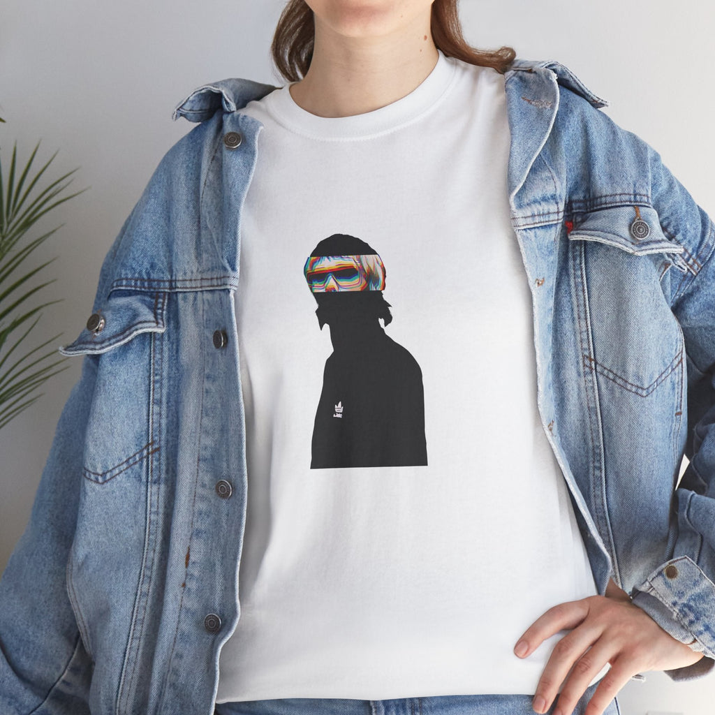 Madchester indie music icon graphic t-shirt in white white featuring graphic portrait silhouette illustration with mod haircut, oversized sunglasses and Adidas logo on track jacket - styled with denim jacket in studio setting - IconBandwear music icons collection