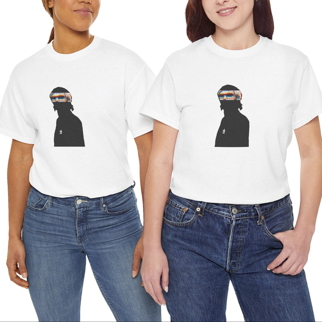 Madchester indie music icon graphic t-shirt in white featuring graphic portrait silhouette illustration with mod haircut, oversized sunglasses and Adidas logo on track jacket - worn by models in studio setting - IconBandwear music icons collection