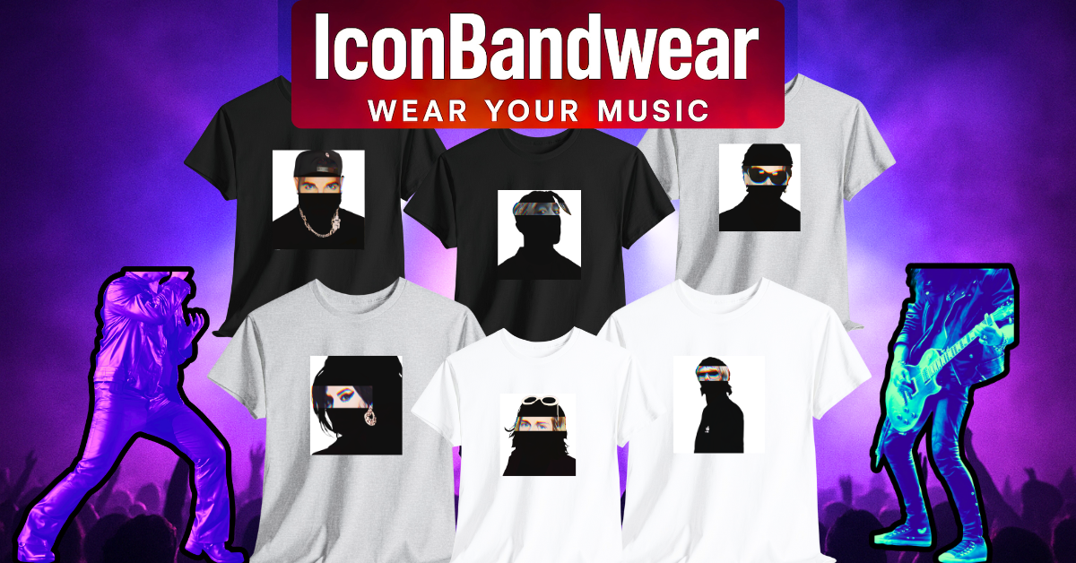 Music Icons Collection banner showcasing music icon t-shirts with bold graphic designs of music icons with background concert setting - Premium T-Shirts and Sweatshirts - "Wear Your Music at IconBandwear"