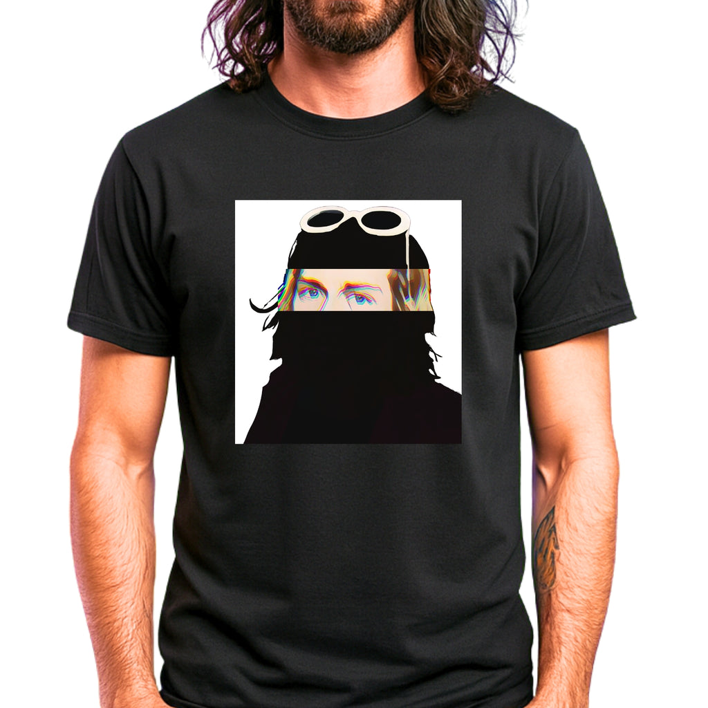 Grunge music icon graphic t-shirt in black featuring illustrated silhouette portrait design with signature white sunglasses and long blonde hair - worn by model in concert setting - 90s design - IconBandwear music icons collection