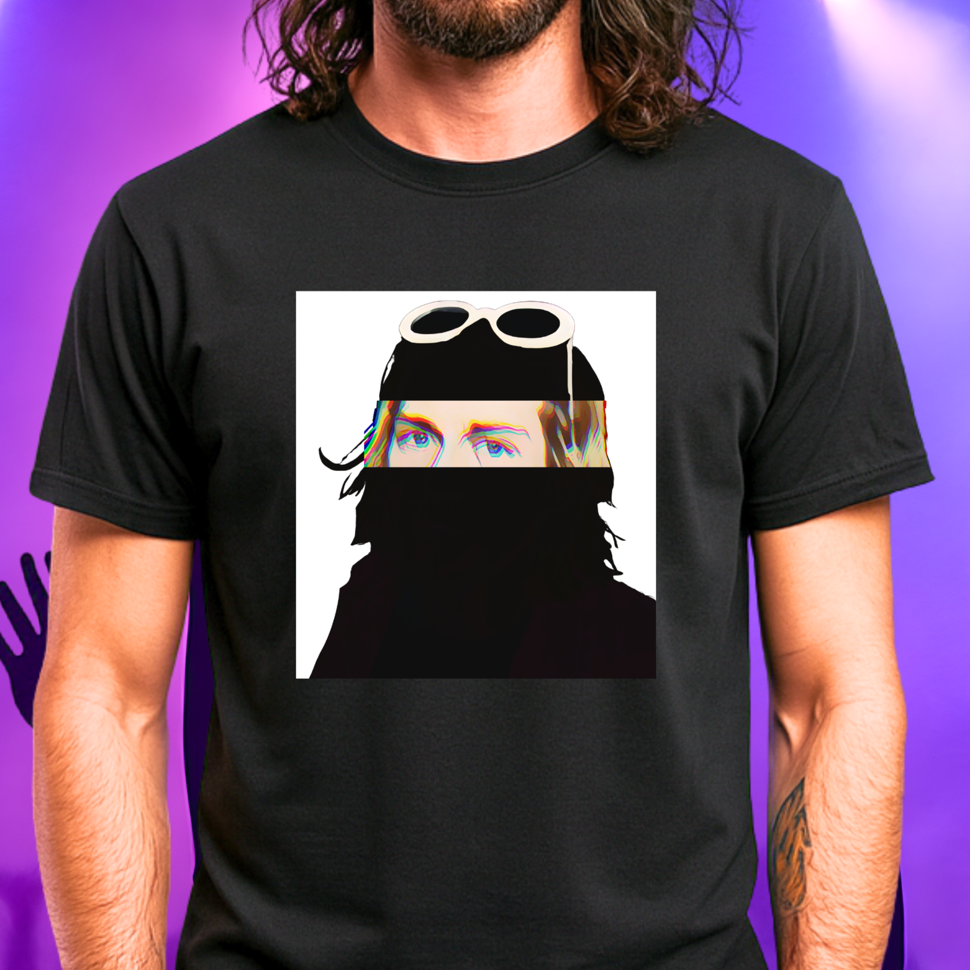 Grunge music icon graphic t-shirt in black featuring illustrated silhouette portrait design with signature white sunglasses and long blonde hair - worn by model in concert setting - 90s design - IconBandwear music icons collection