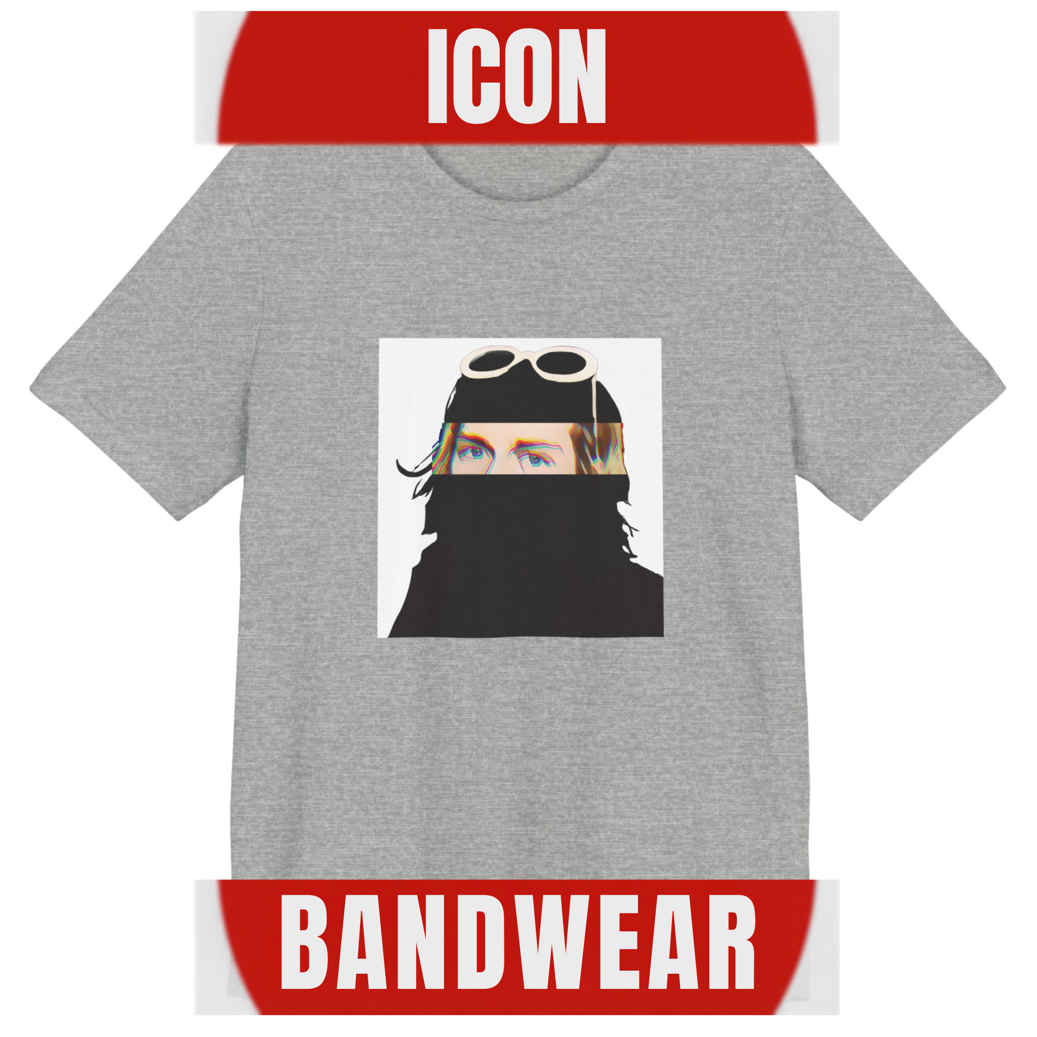 Grunge music icon graphic t-shirt in grey featuring illustrated silhouette portrait design with signature white sunglasses and long blonde hair - 90s design - IconBandwear music icons collection.
