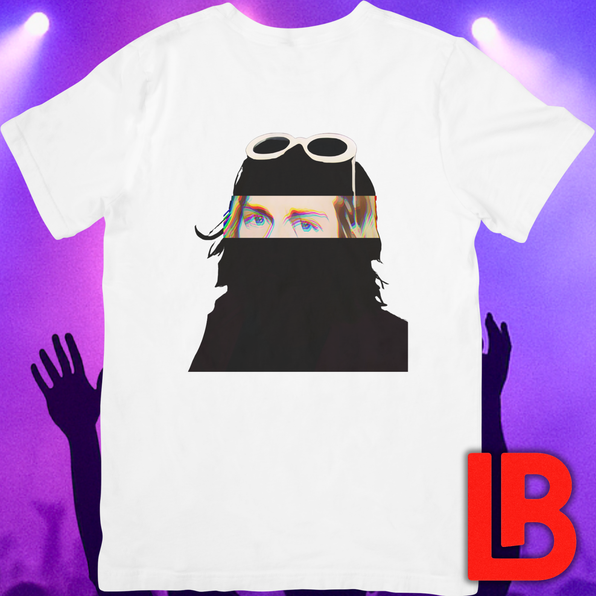 Grunge music icon graphic t-shirt featuring illustrated silhouette portrait design with signature white sunglasses and long blonde hair - background concert setting - 90s design - IconBandwear music icons collection