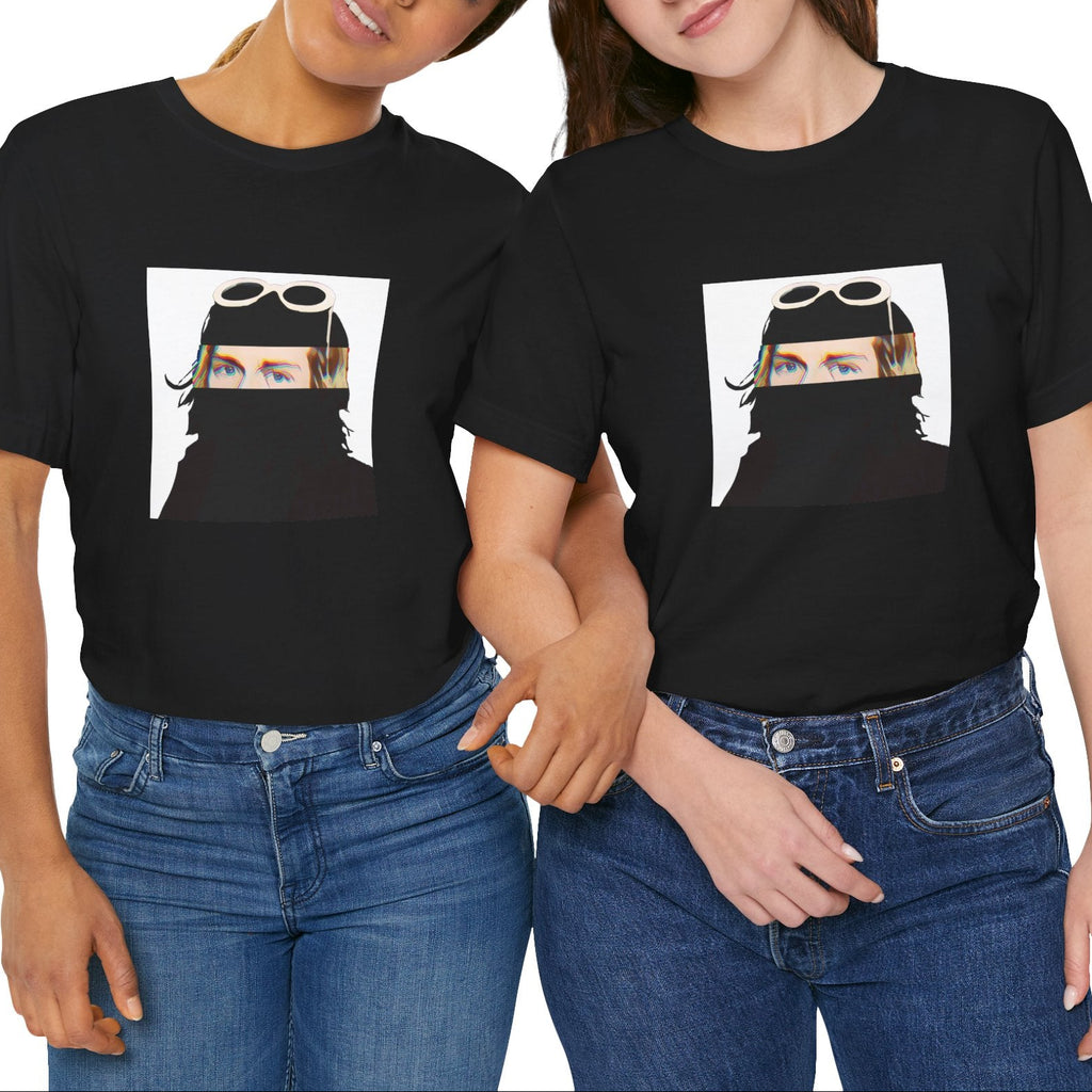 Grunge music icon graphic t-shirt in black featuring illustrated silhouette portrait design with signature white sunglasses and long blonde hair - worn by models in studio setting - 90s design - IconBandwear music icons collection