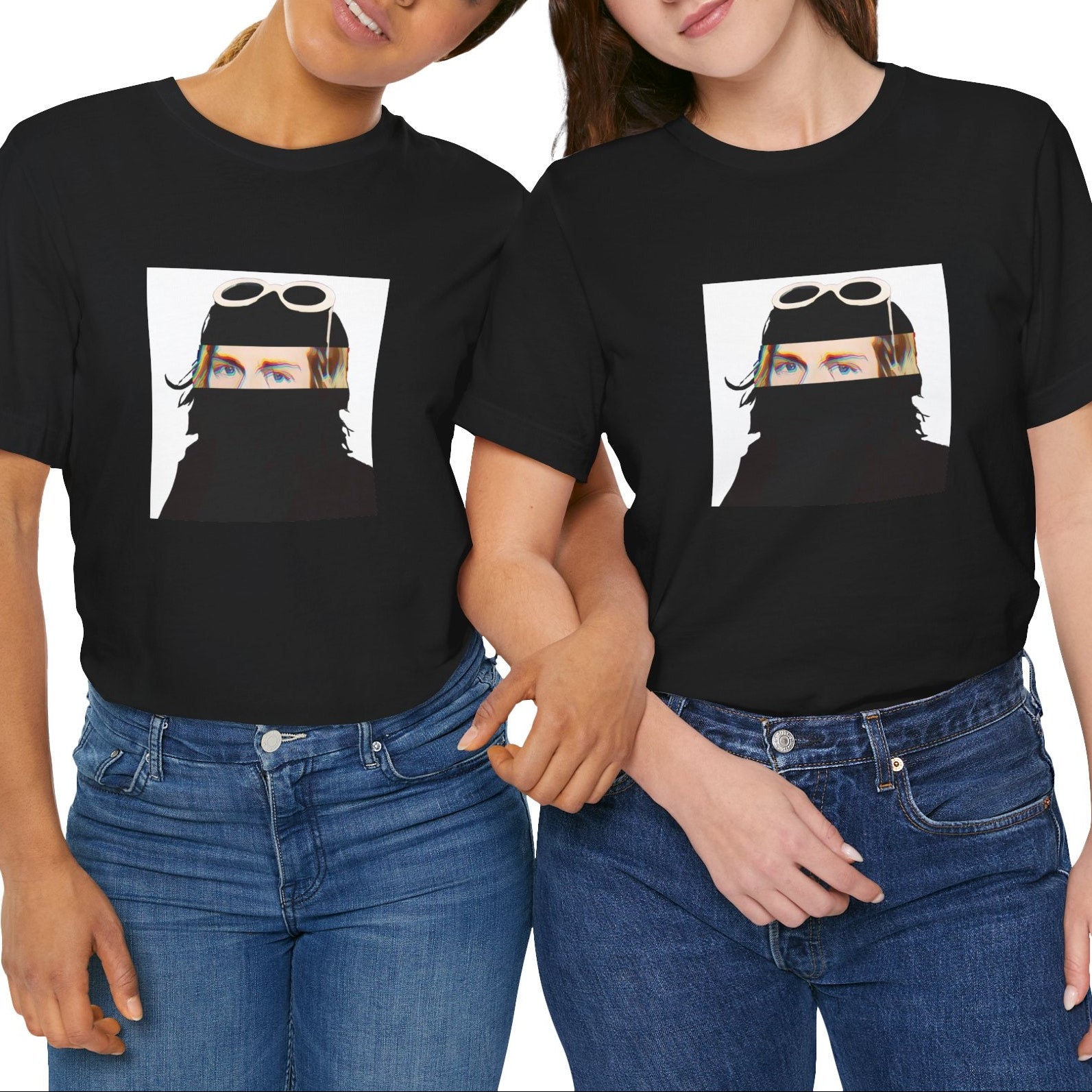 Grunge music icon graphic t-shirt in black featuring illustrated silhouette portrait design with signature white sunglasses and long blonde hair - worn by models in studio setting - 90s design - IconBandwear music icons collection