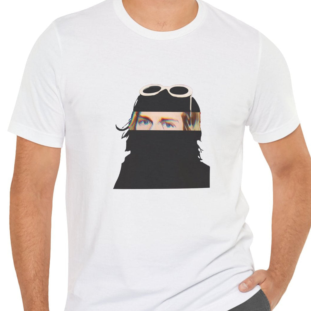 Grunge music icon graphic t-shirt in white featuring illustrated silhouette portrait design with signature white sunglasses and long blonde hair - worn by model in studio setting - 90s design - IconBandwear music icons collection