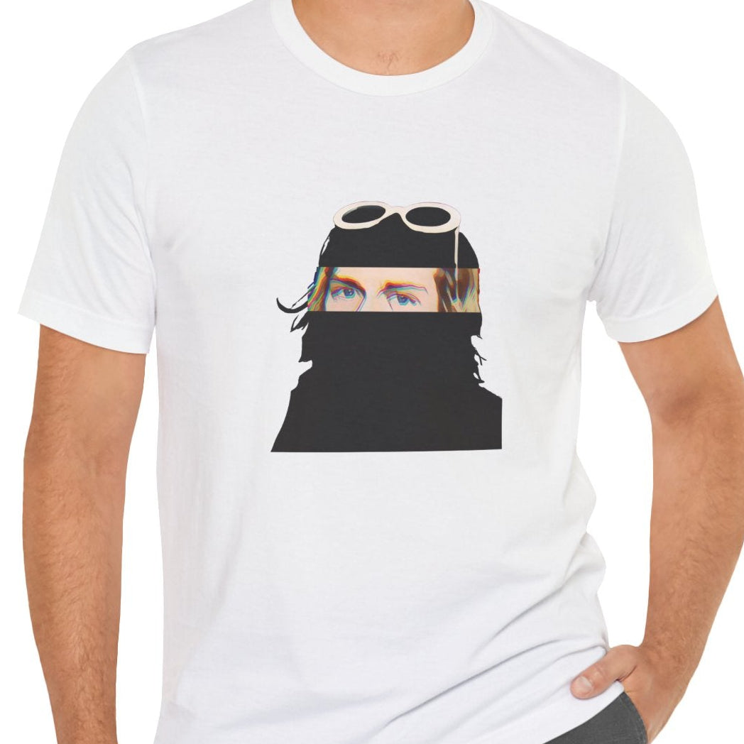 Grunge music icon graphic t-shirt in white featuring illustrated silhouette portrait design with signature white sunglasses and long blonde hair - worn by model in studio setting - 90s design - IconBandwear music icons collection