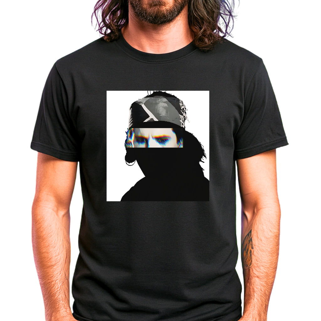 Hard rock music icon graphic t-shirt in black featuring illustrated silhouette portrait design with long dark hair, ear-ring, makeup eyeliner, bandana headband - worn by model in concert setting - IconBandwear music icons collection