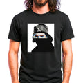 Hard rock music icon graphic t-shirt in black featuring illustrated silhouette portrait design with long dark hair, ear-ring, makeup eyeliner, bandana headband - worn by model in concert setting - IconBandwear music icons collection