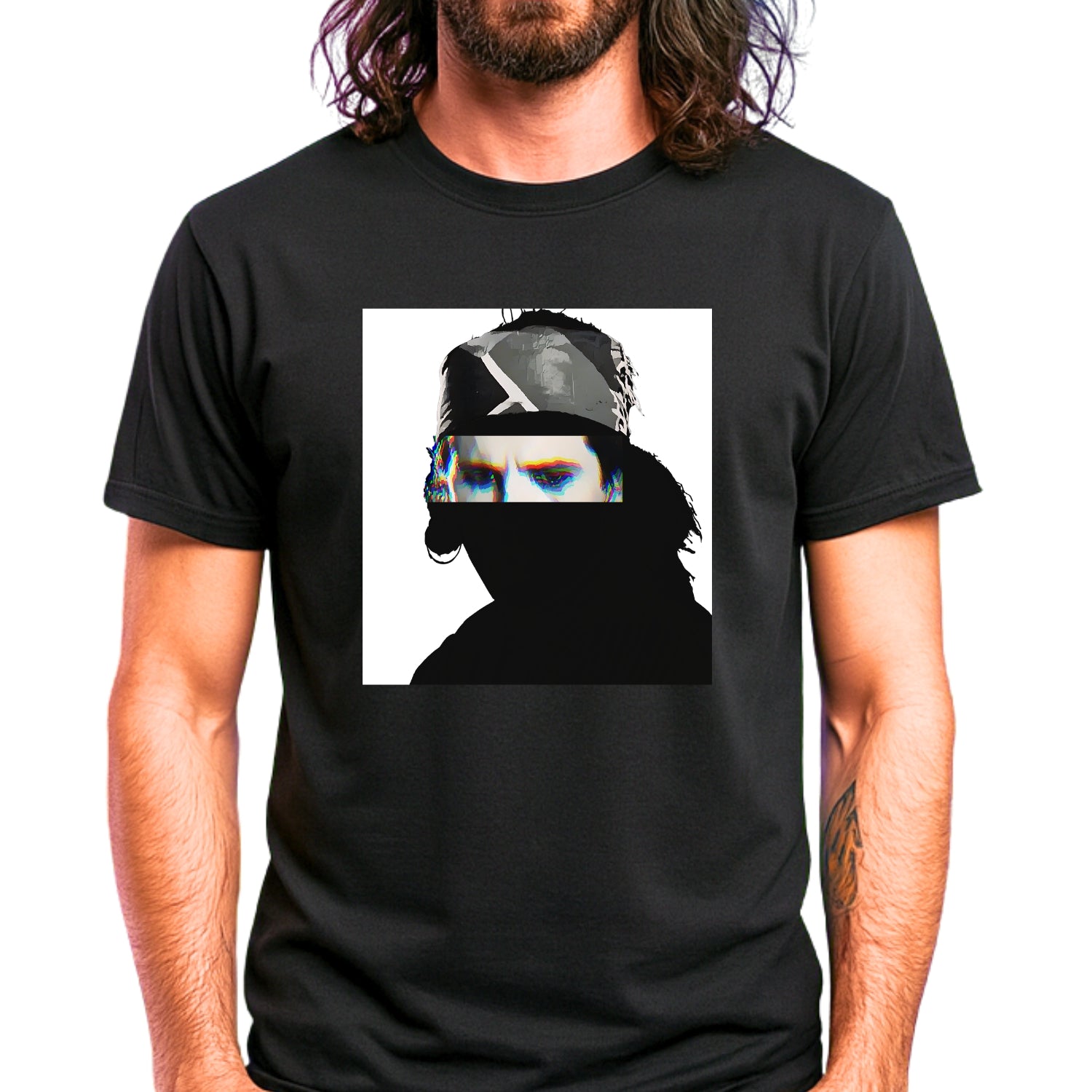 Hard rock music icon graphic t-shirt in black featuring illustrated silhouette portrait design with long dark hair, ear-ring, makeup eyeliner, bandana headband - worn by model in concert setting - IconBandwear music icons collection