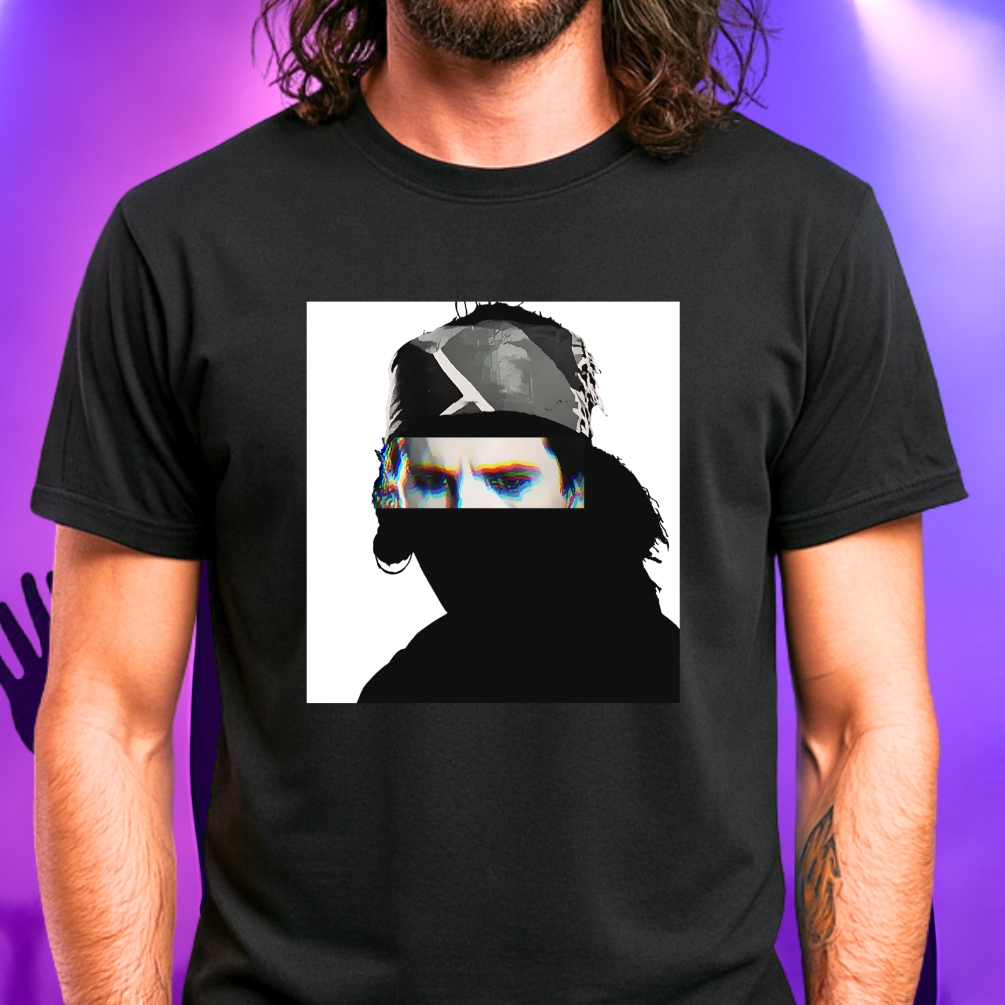 Hard rock music icon graphic t-shirt in black featuring illustrated silhouette portrait design with long dark hair, ear-ring, makeup eyeliner, bandana headband - worn by model in concert setting - IconBandwear music icons collection