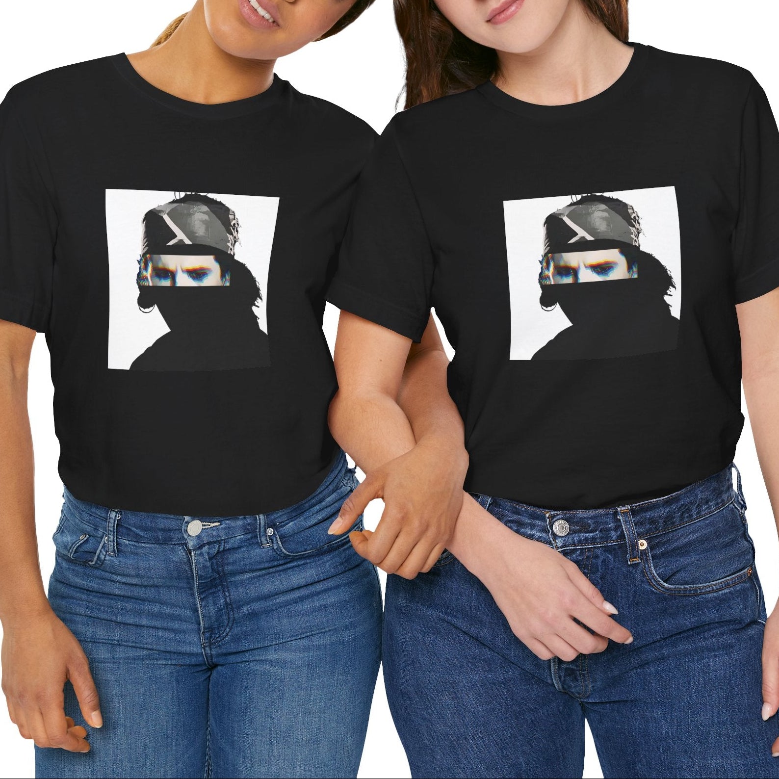 Hard rock music icon graphic t-shirt in black featuring illustrated silhouette portrait design with long dark hair, ear-ring, makeup eyeliner, bandana headband - worn by models in studio setting - IconBandwear music icons collection