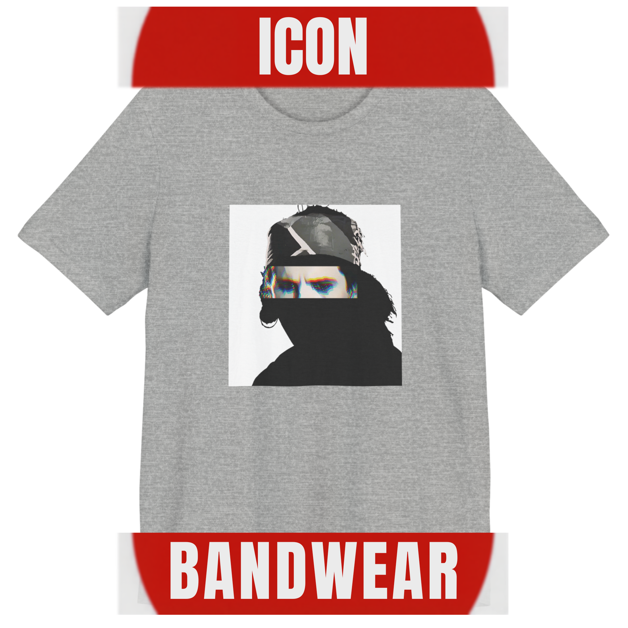 Hard rock music icon graphic t-shirt in grey featuring illustrated silhouette portrait design with long dark hair, ear-ring, makeup eyeliner and bandana headband - background studio setting - 80s design - IconBandwear music icons collection