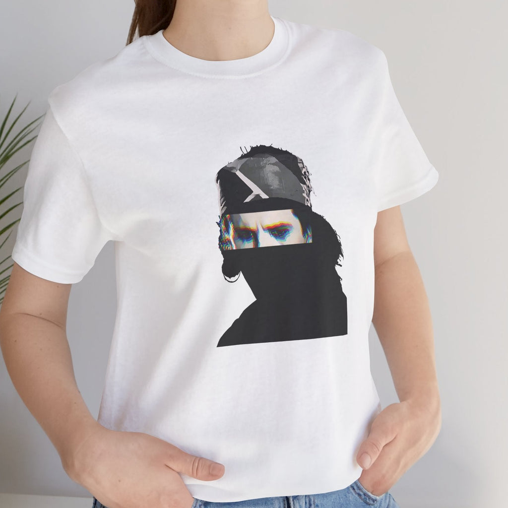Hard rock music icon graphic t-shirt in white featuring illustrated silhouette portrait design with long dark hair, ear-ring, makeup eyeliner and bandana headband - styled by model in studio setting - IconBandwear music icons collection