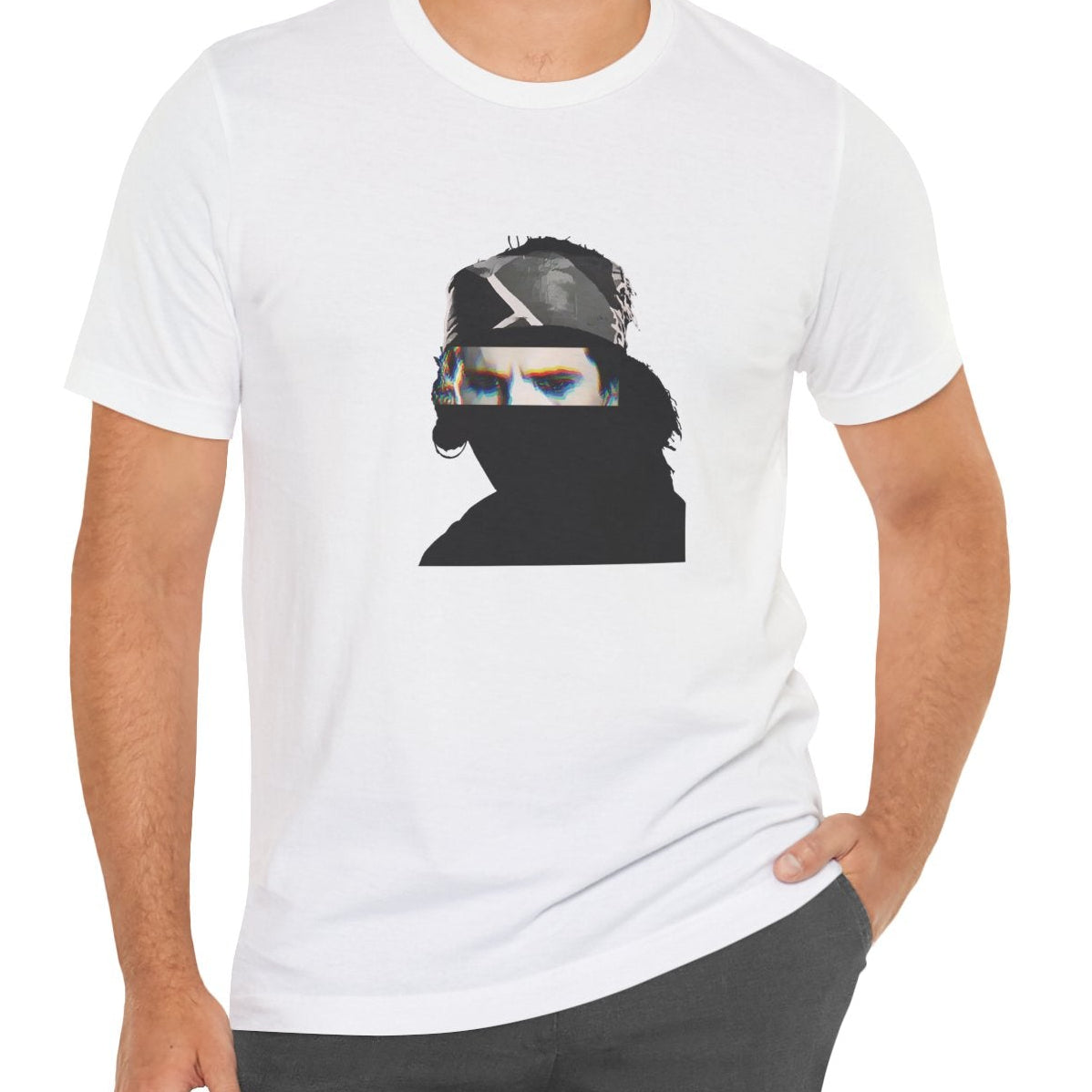 Hard rock music icon graphic t-shirt in white featuring illustrated silhouette portrait design with long dark hair, ear-ring, makeup eyeliner, bandana headband - worn by model in studio setting - IconBandwear music icons collection